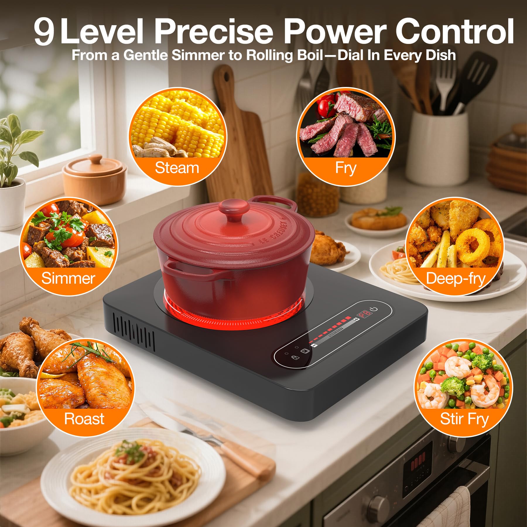 ANHANE 1800W Electric Cooktop, 11 Inch Portable Single Burner with Timer & Child Lock - 110-120V Compact Countertop Stove for Everyday Cooking in Kitchen, Dorm, RV or Office view 3
