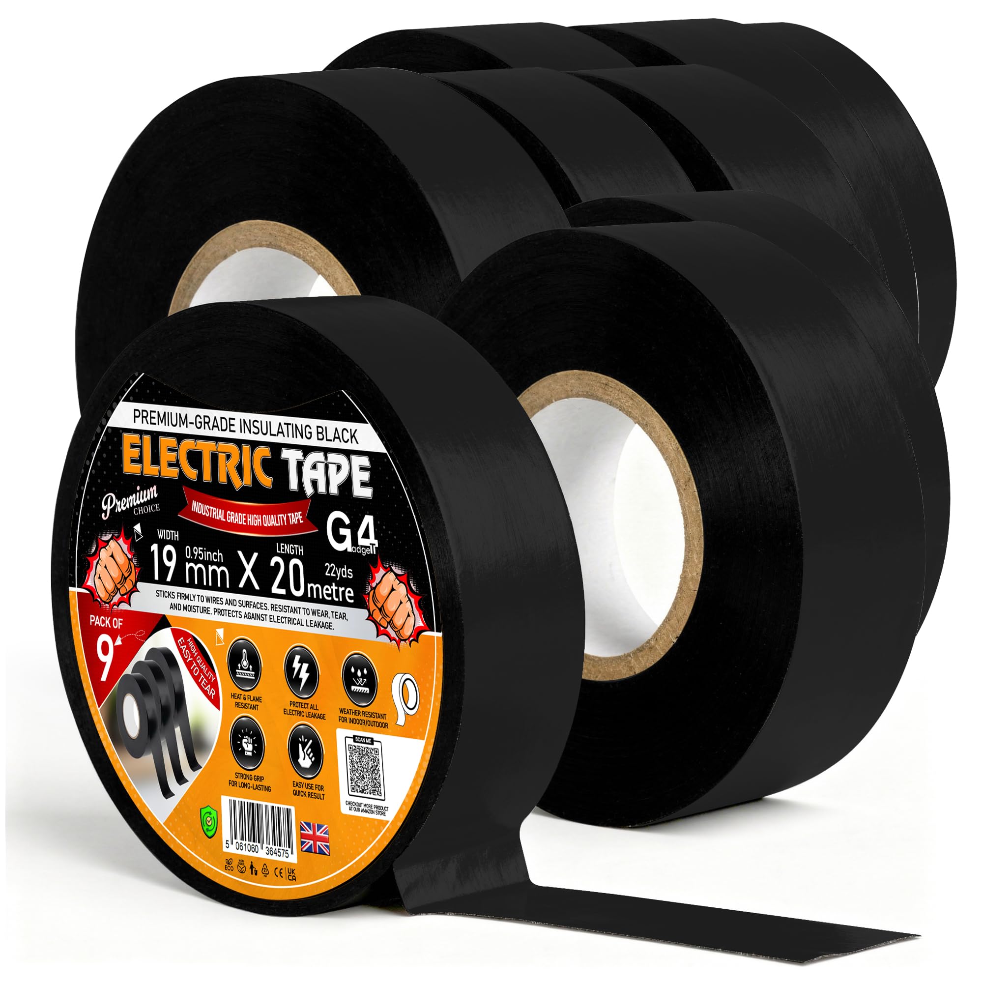 G4GADGET Black Electrical Tape 19mm x 20m Pack of 9 – Strong PVC Insulation Tape, Waterproof Self Adhesive Electric Tape for Wires, Cables, DIY, Automotive & Electrical Use