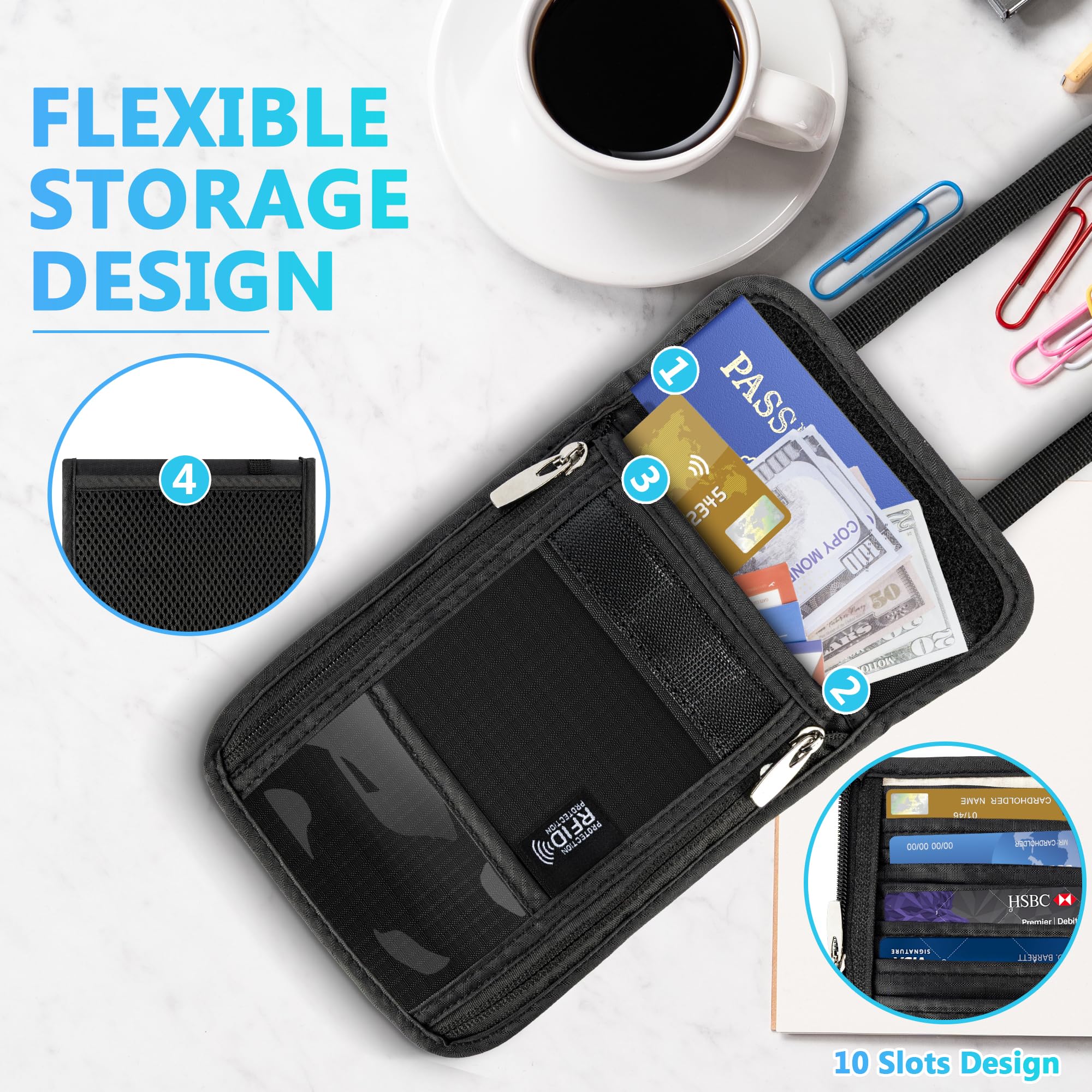 Pochette Tour de Cou Voyage Accessoires avec Bloqueur RFID Protege Passeport Portefeuilles