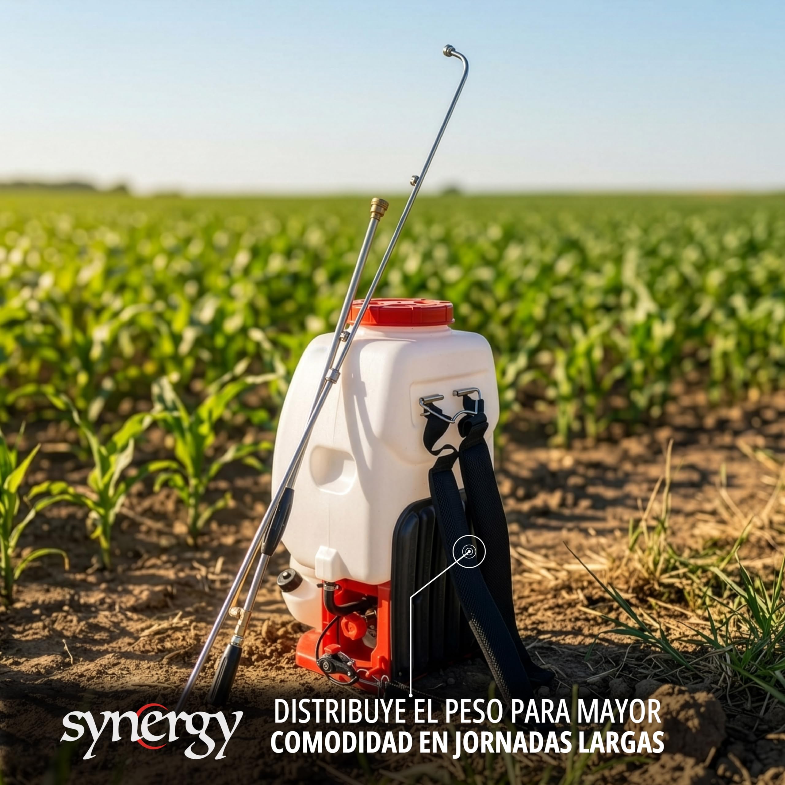 Synergy Sulfatadora de Mochila a Gasolina 25L – Motor 2 Tiempos 25cc - Modelo Sprayer Liquid – Caudal 7L/min – Alcance 9-15m – Lanza Multiboquilla y Pistola de 90cm