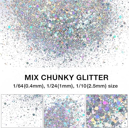 Miniatura 3 de TORC Purpurina holográfica plateada de 1 libra de 16 onzas, mezcla de purpurina gruesa a granel para decoración de festivales de arte cosmético