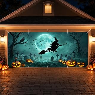 16 x 7 FT Halloween Garage Door Cover Decorations – Witch Moon Graveyard Garage Door Banner with Pumpkins, Bats and Spooky Haunted House Outdoor Party Decor