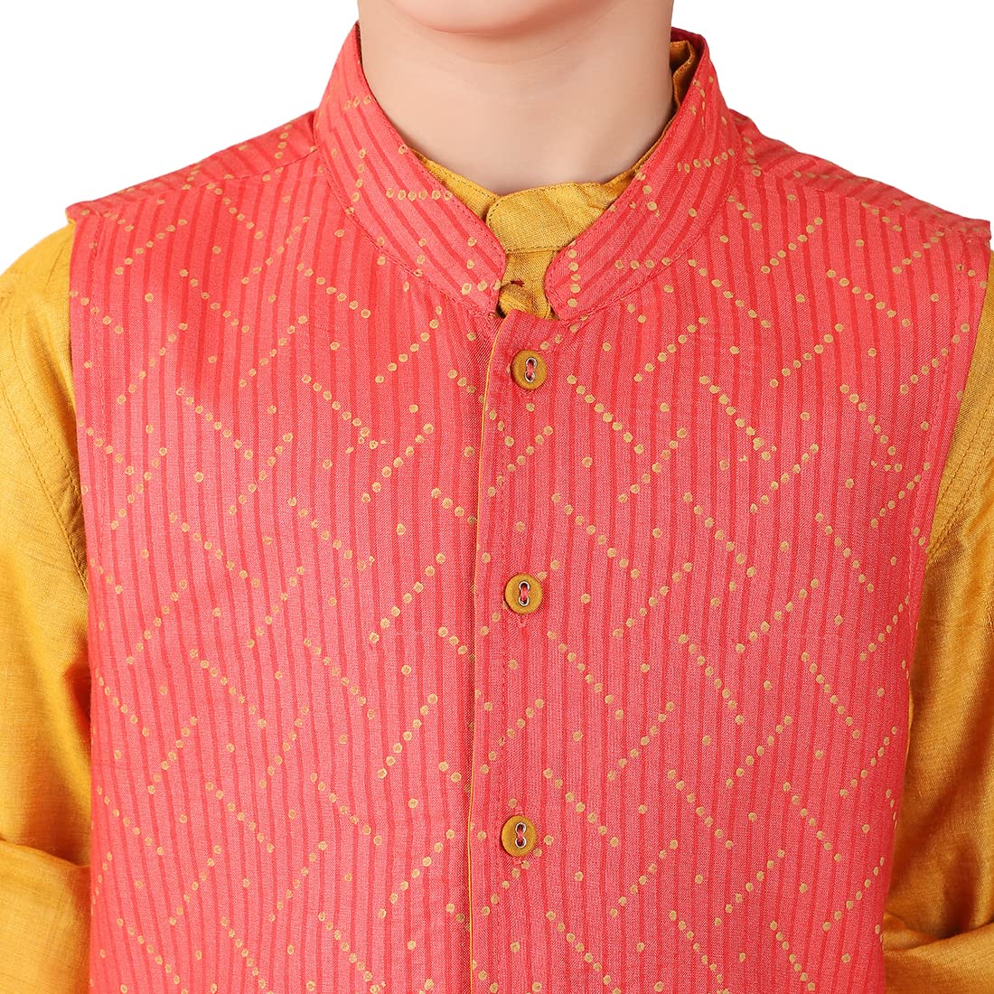 Fabindia Boy's Orange Viscose Silk Printed Jacket (1028667CORAL_Coral 3