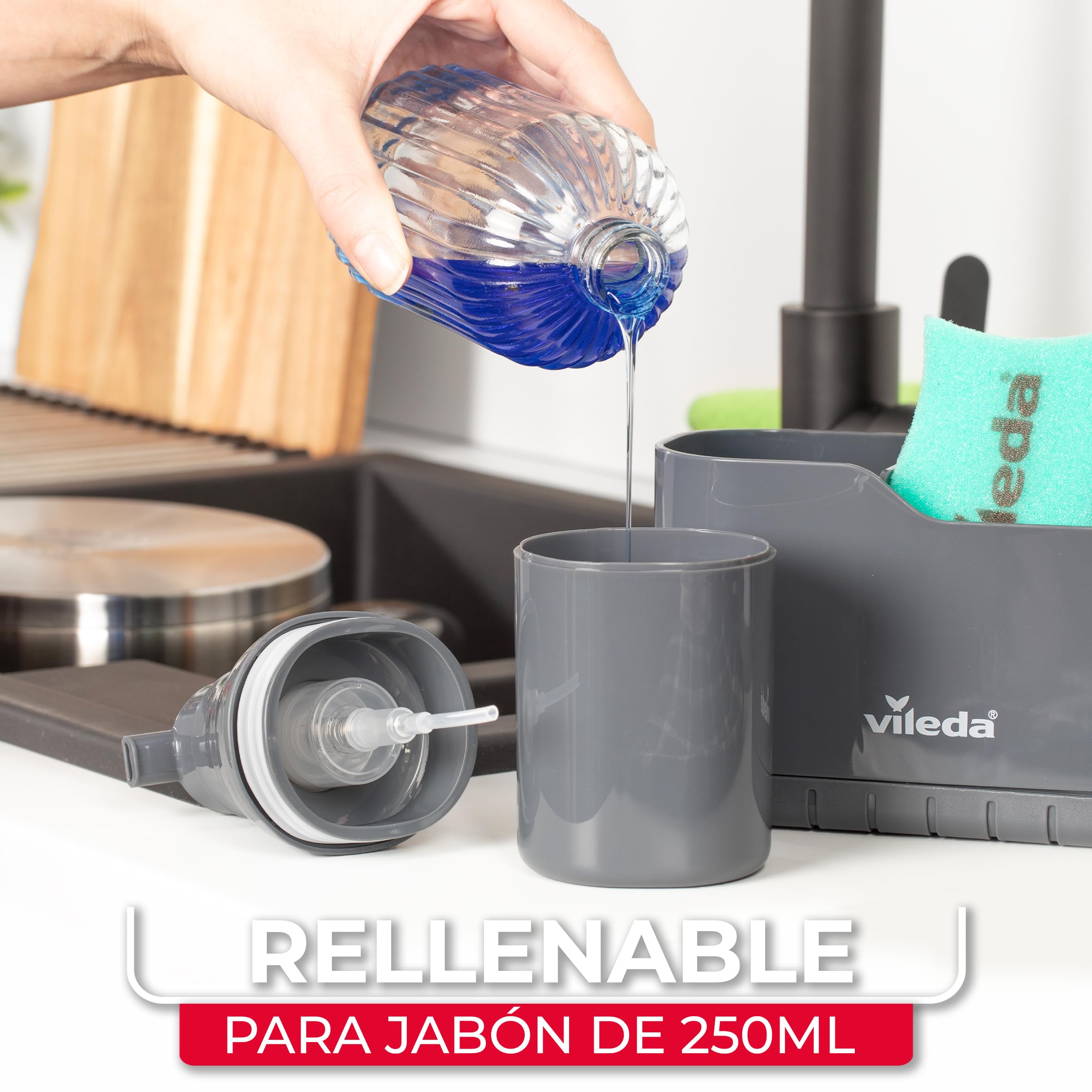 Vileda Organizador de Fregadero con Dispensador de Detergente - Soporte de pie para esponjas y cepillos con dosificador de jabón - Organizador de cocina de plástico con divisores ajustables