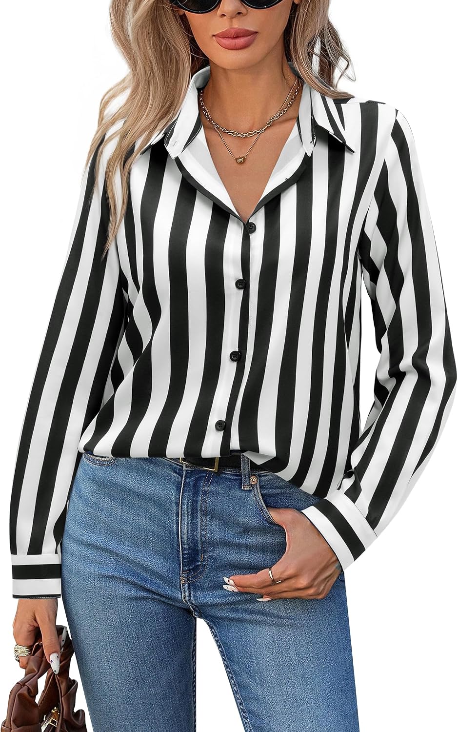 siliteelon Button Down Shirts for Women Striped Dress Shirts Long Sleeve Casual Collared Office Work Blouses Tops