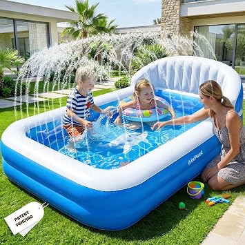 2026 Inflatable Pool with Sprinkler,Durable Blow up Pool with Big Backrest, Rectangle Kid Pool Backyard,Children Swimming Pool,Small Inflatable Kiddie Pool,Outdoor Water Pool for Kid714125IN