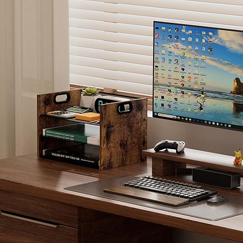 Miniatura 2 de LMZAPET Organizador de escritorio de madera, organizador de escritorio de 3 niveles con asa, organizador de archivos de malla para bandeja de cartas