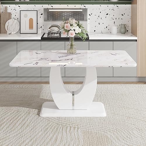 Miniatura 18 de JUFU Mesa de comedor de mármol sintético de 63 pulgadas para 6, moderna mesa rectangular de cocina y comedor, parte superior de MDF con aspecto de