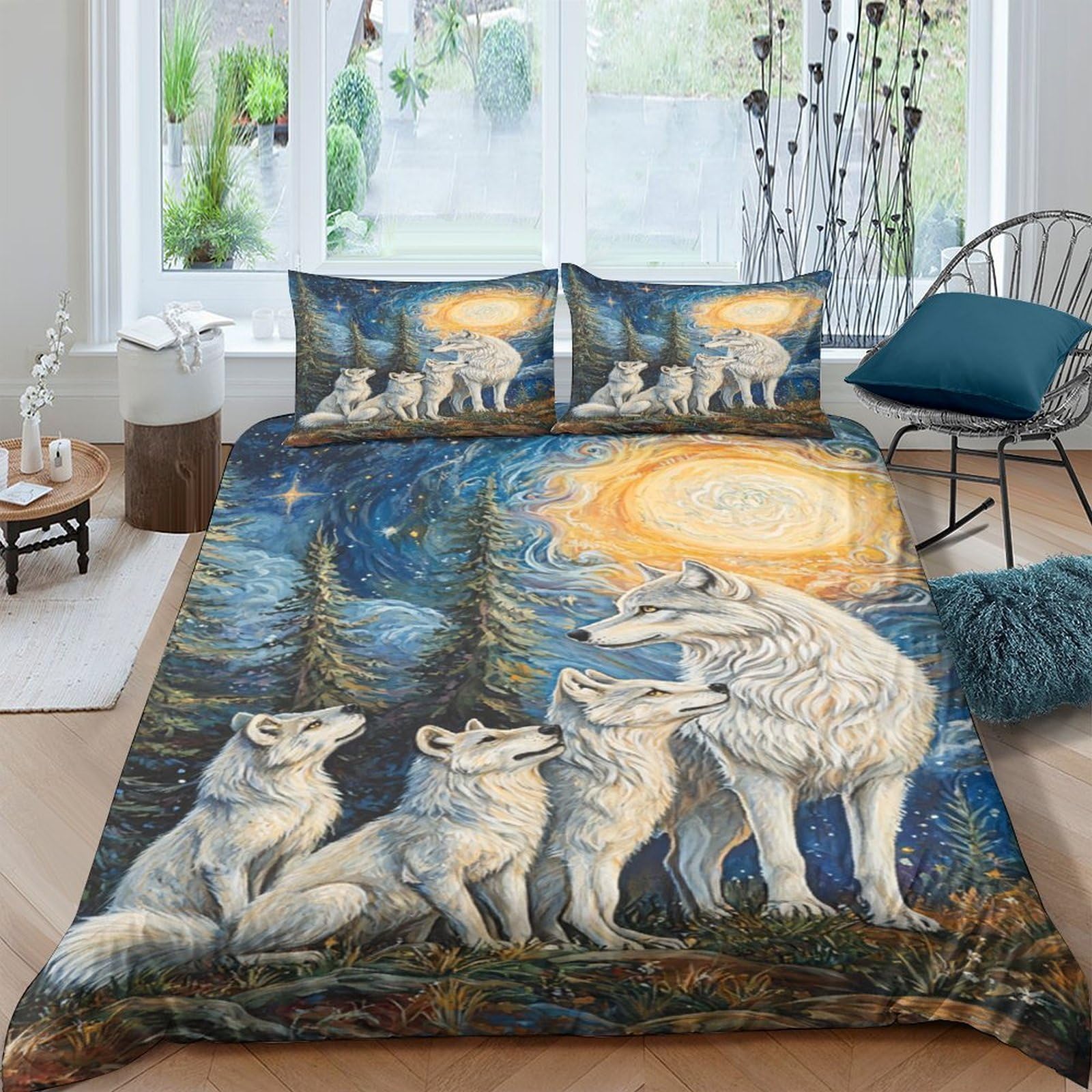 GPLZQXKJNH 3D Printed Wolf Moon Duvet Cover Microfiber Breathable Forest Night Bedding Set with 2 Pillowcases for Bedroom Decor Single（135x200cm）