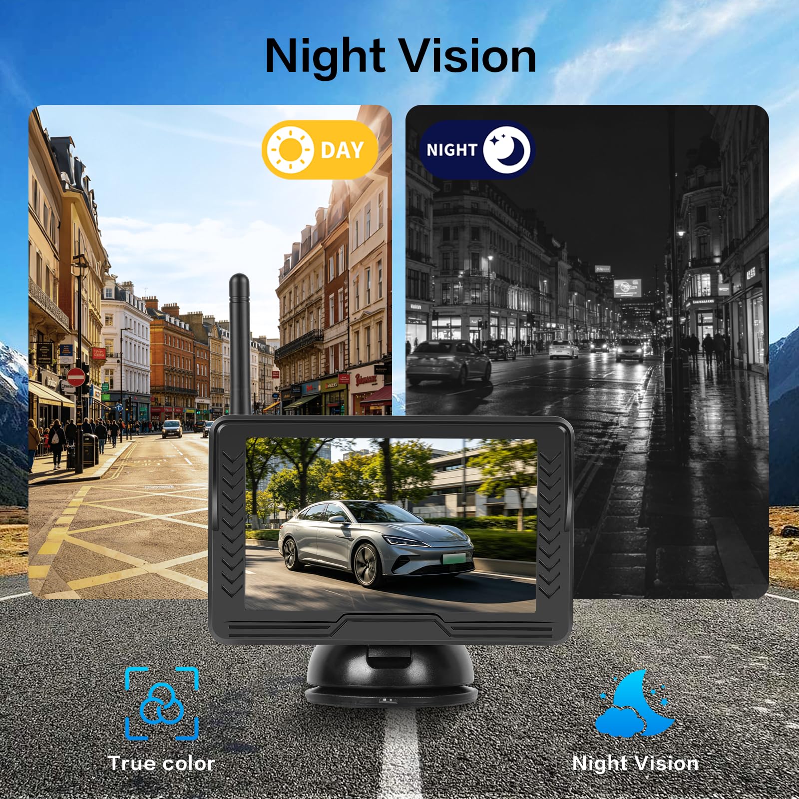 Hikity 5" IPS Display AHD Kit Telecamera Retromarcia Wireless per Veicoli Telecamera Impermeabile IP69 Linee a Griglia Grandangolare