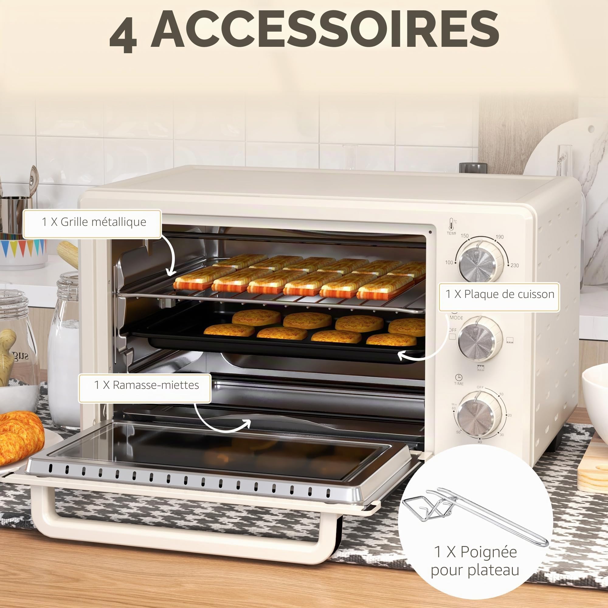 HOMCOM Mini four à pizza de 21 l, miniofen inkl. Backblech, Grillrost und Krümmelblech, 1400W Tischbackofen mit 1h Timer, Ofenrost, 100-230℃, Metall, Creme