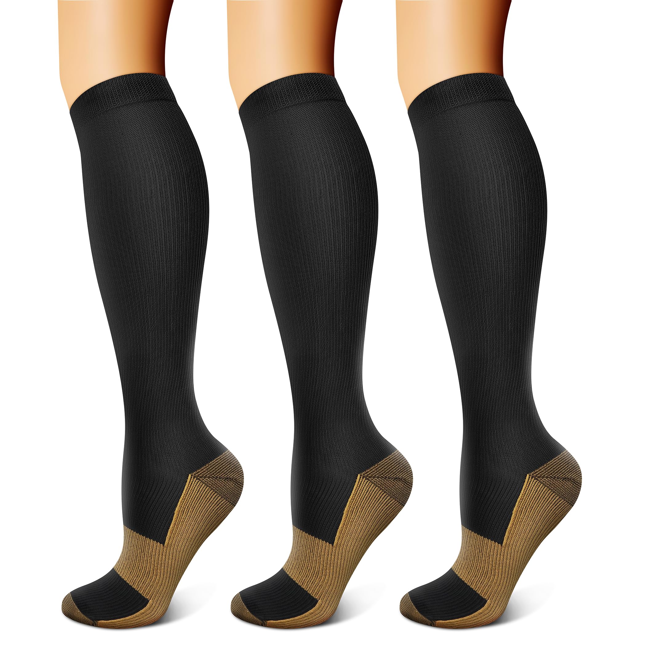FEYHAY Copper Compression Socks (3 Pairs) 15-20 mmHg Circulation is Best Athletic &amp; Daily for Men &amp; Women, Running, Climbing