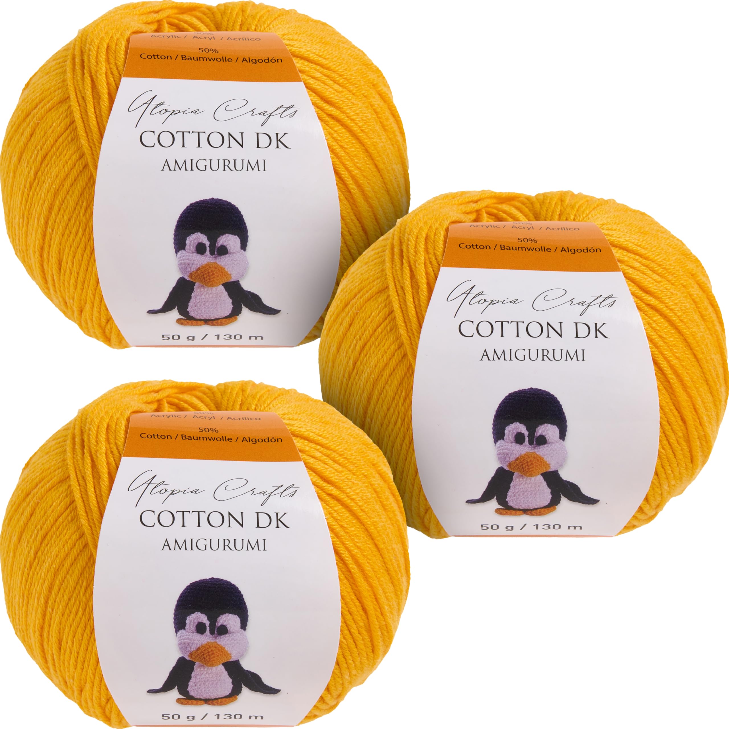 Utopia Crafts Amigurumi Cotton DK Yarn for Crochet and Knitting 50% Cotton, 50% Acrylic Blended, 3X 50g (Strong Yellow)