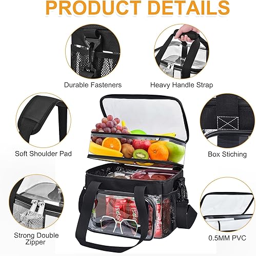 Miniatura 5 de Bolsa de almuerzo transparente de doble cubierta para el trabajo, bolsa de almuerzo transparente con correa ajustable para el hombro y compartimento