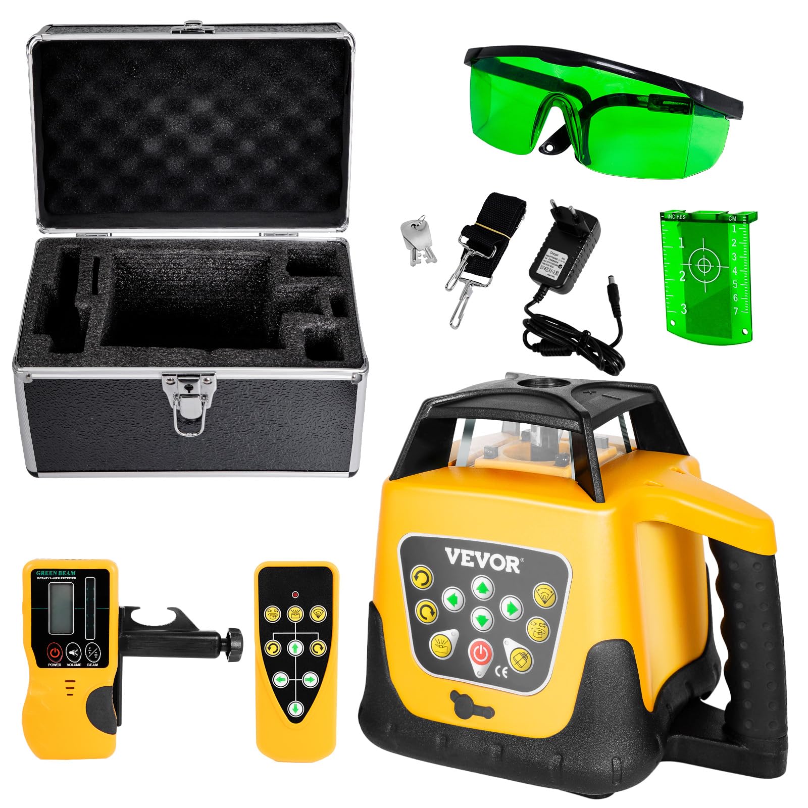 VEVOR Kit Livella Laser Rotante Raggio Verde Portata 500 m, Autolivellante, Angolo di Scansione Flessibile, Rotazione 360 Gradi, Scatola da Trasporto, Impermeabile IP54, Ricevitore Telecomando