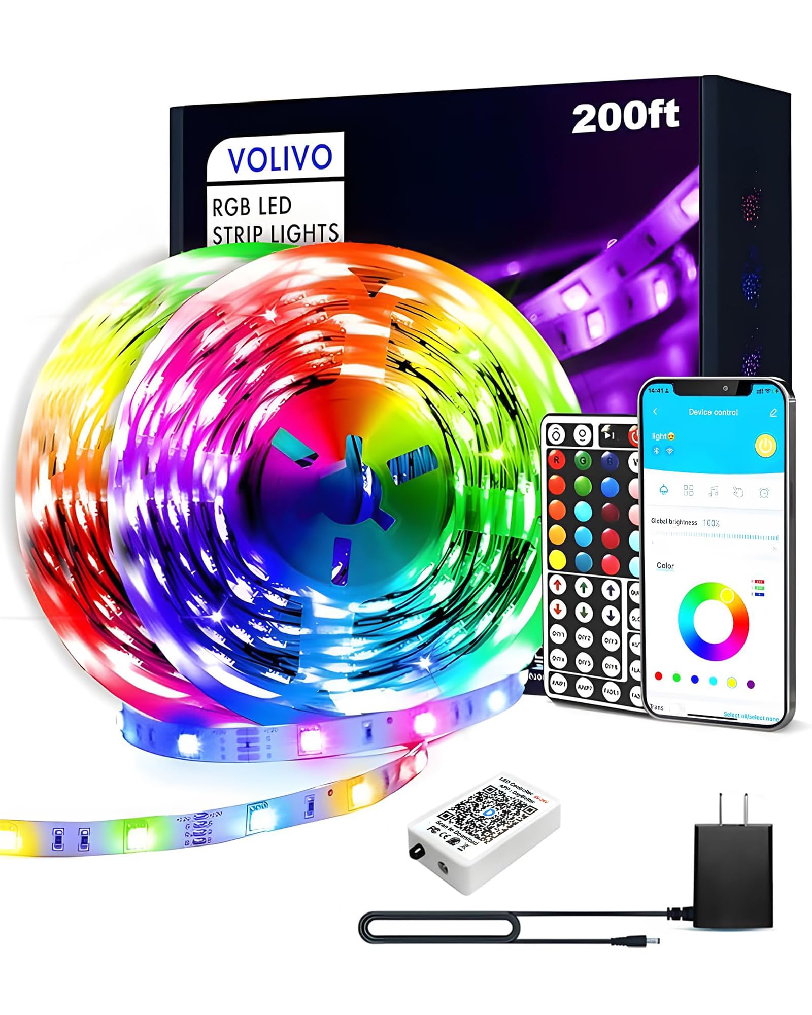 VOLIVO 200M Smart LED Strip Control App-Steuerung Bluetooth RGB Musik Sync für den Innenbereich 12V Mehrfarbig