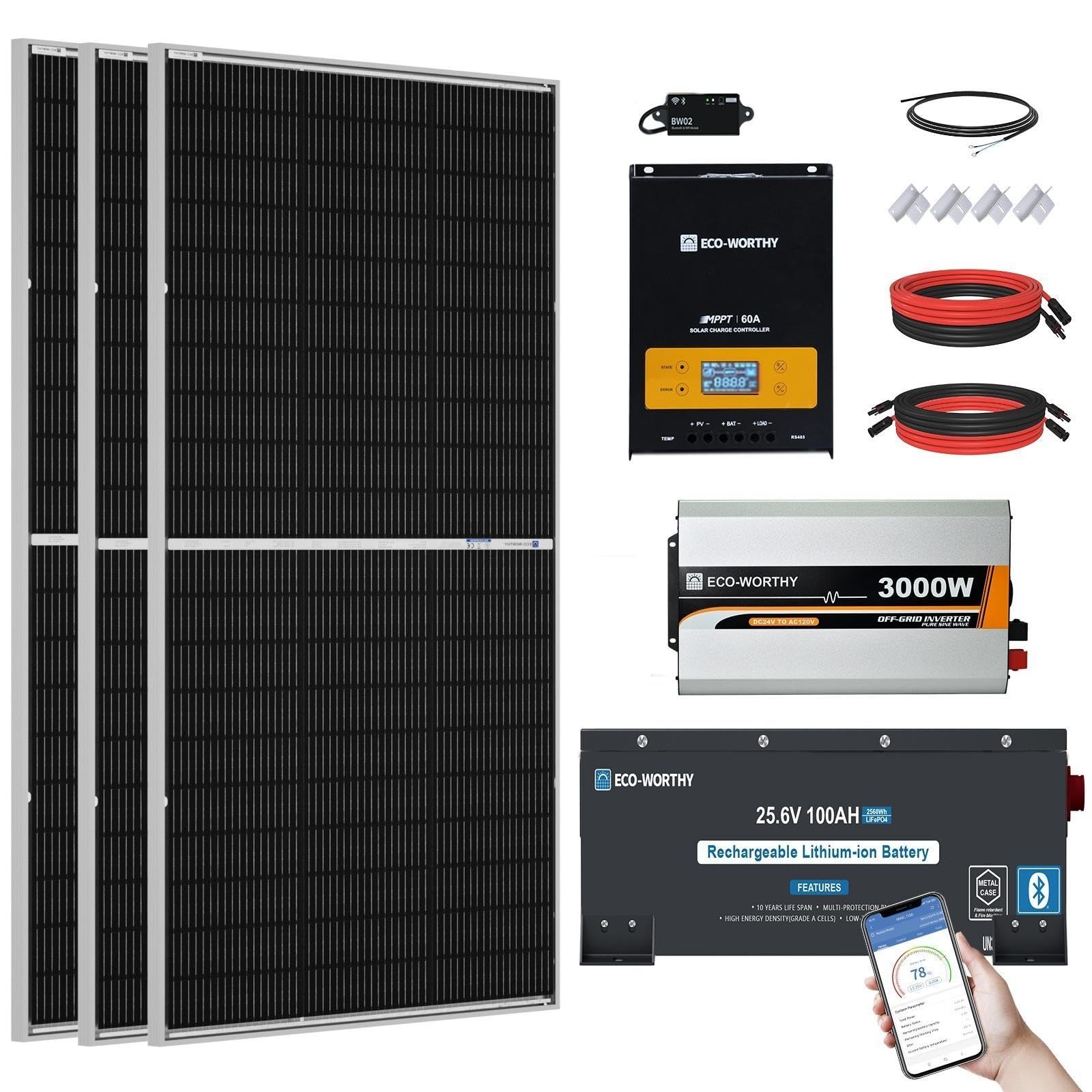 ECO-WORTHY 600W 24V Complete Solar Panel Kit 2.34KWH for RV Off Grid