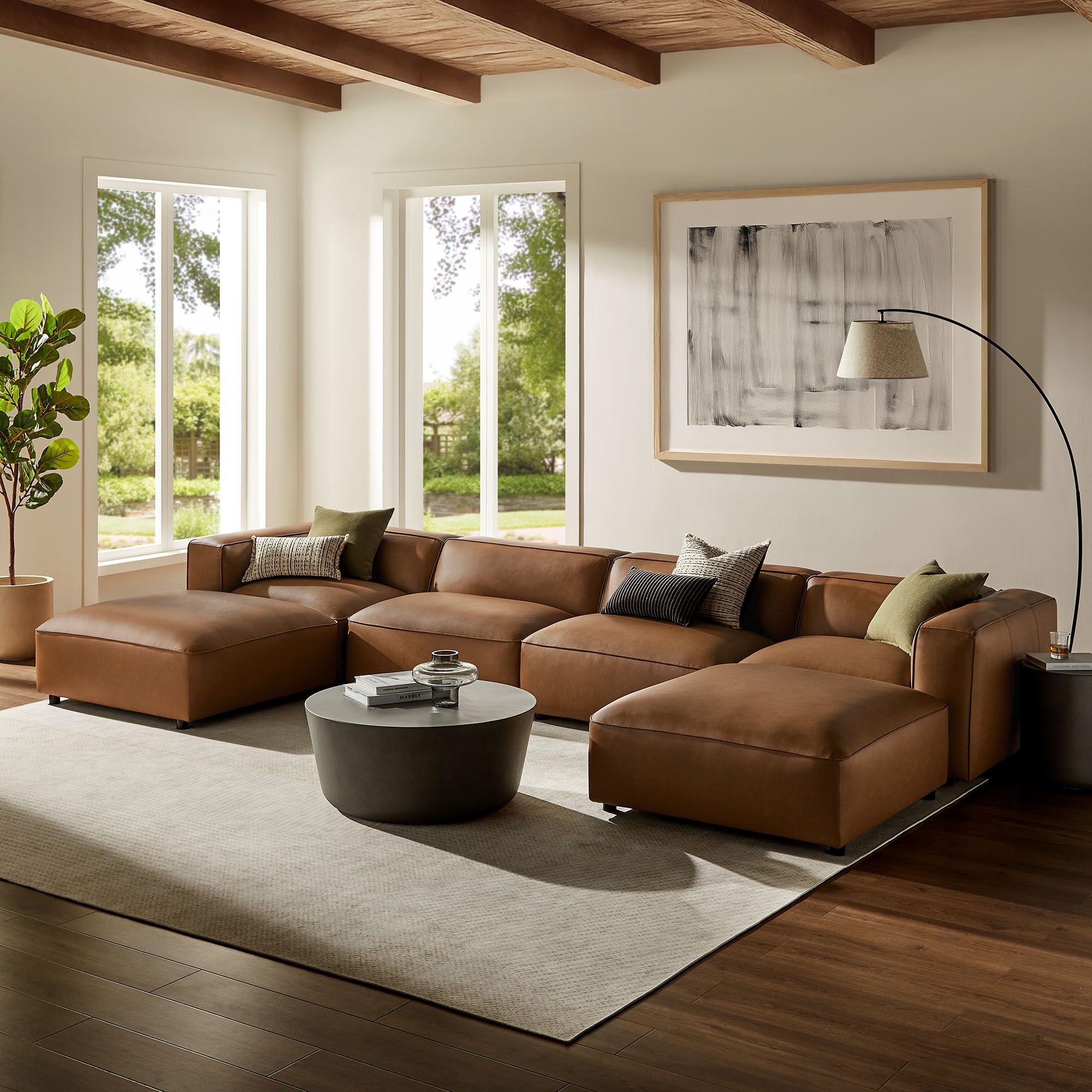 Modway Auren Vegan Leather 6 Piece Modular Sofa in Coffee - Faux Leather 4 Seater Sectional - Comfy