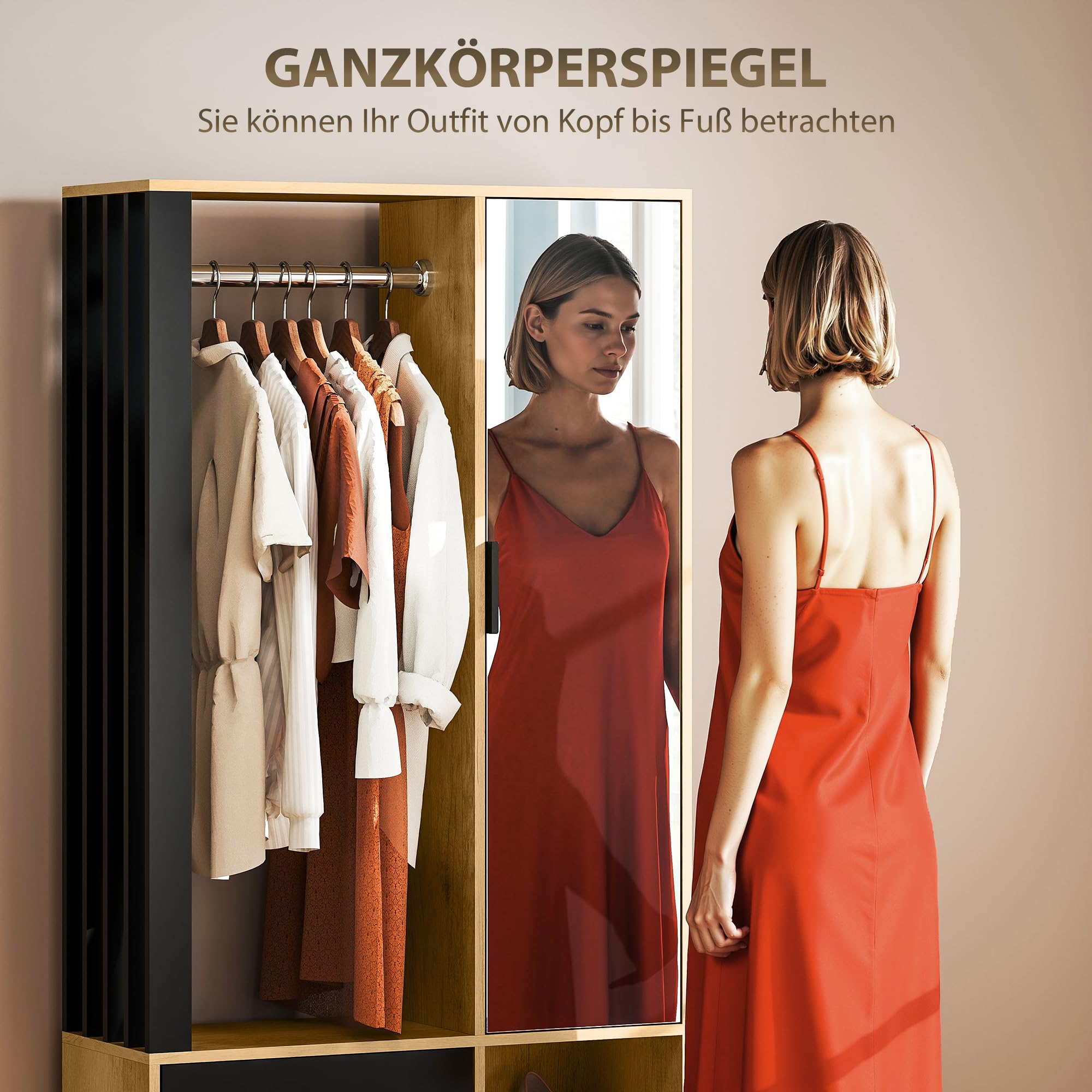 HOMCOM Garderobe Set mit Spiegel, Flurgarderobe, Kleiderstange, Schuhschrank, 80x30x175 cm, Naturholz