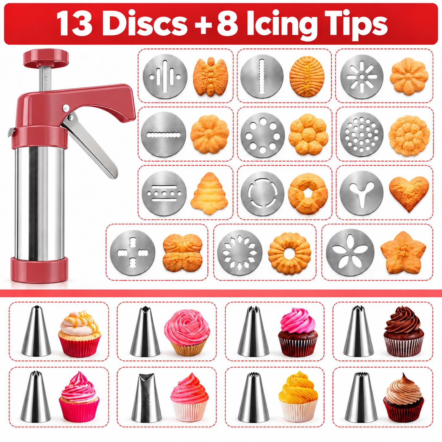 Christmas Cookie Press Gun - 13 Discs & Icing Nozzles -3