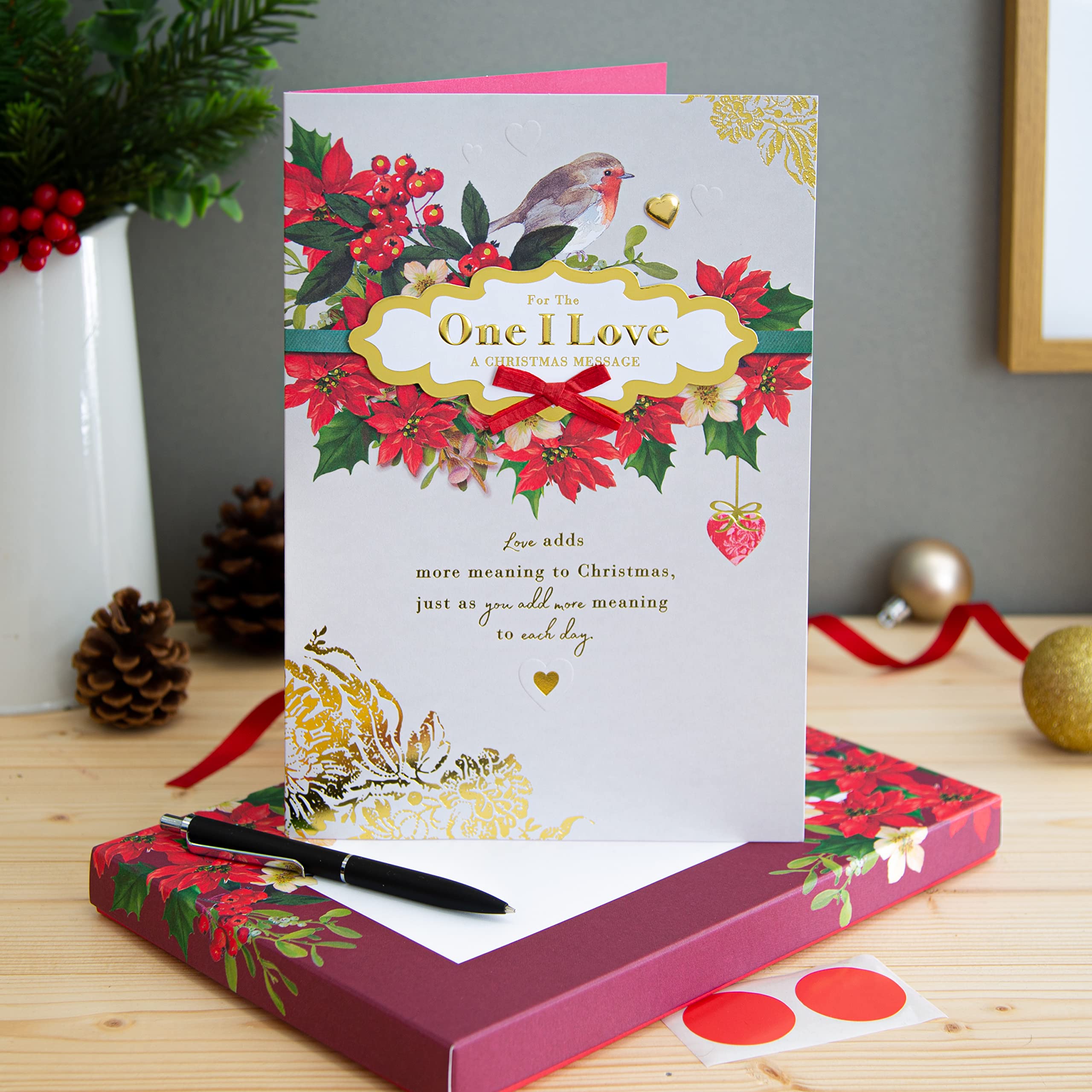 Hallmark Boxed Christmas Card for One I Love - Traditional Robin and Foliage Design, Boxed Robin Card One I Love, Card 26 cm by 18 cm - Image 2