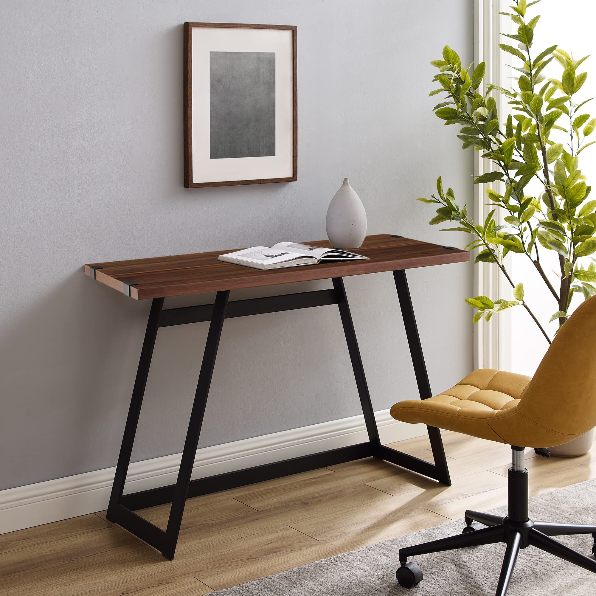 Rustic Style Computer PC Laptop Writing Desk Workstation with Angled Metal Legs for Study, Office, Living Room, Den (Dark Walnut)