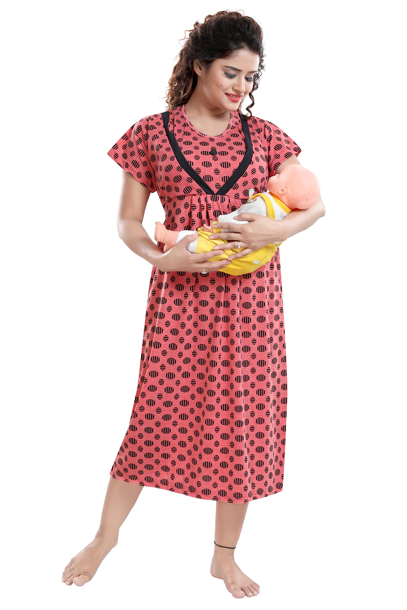Women's Cotton Printed Maternity/Feeding Short Knee Length Nighty-image-46