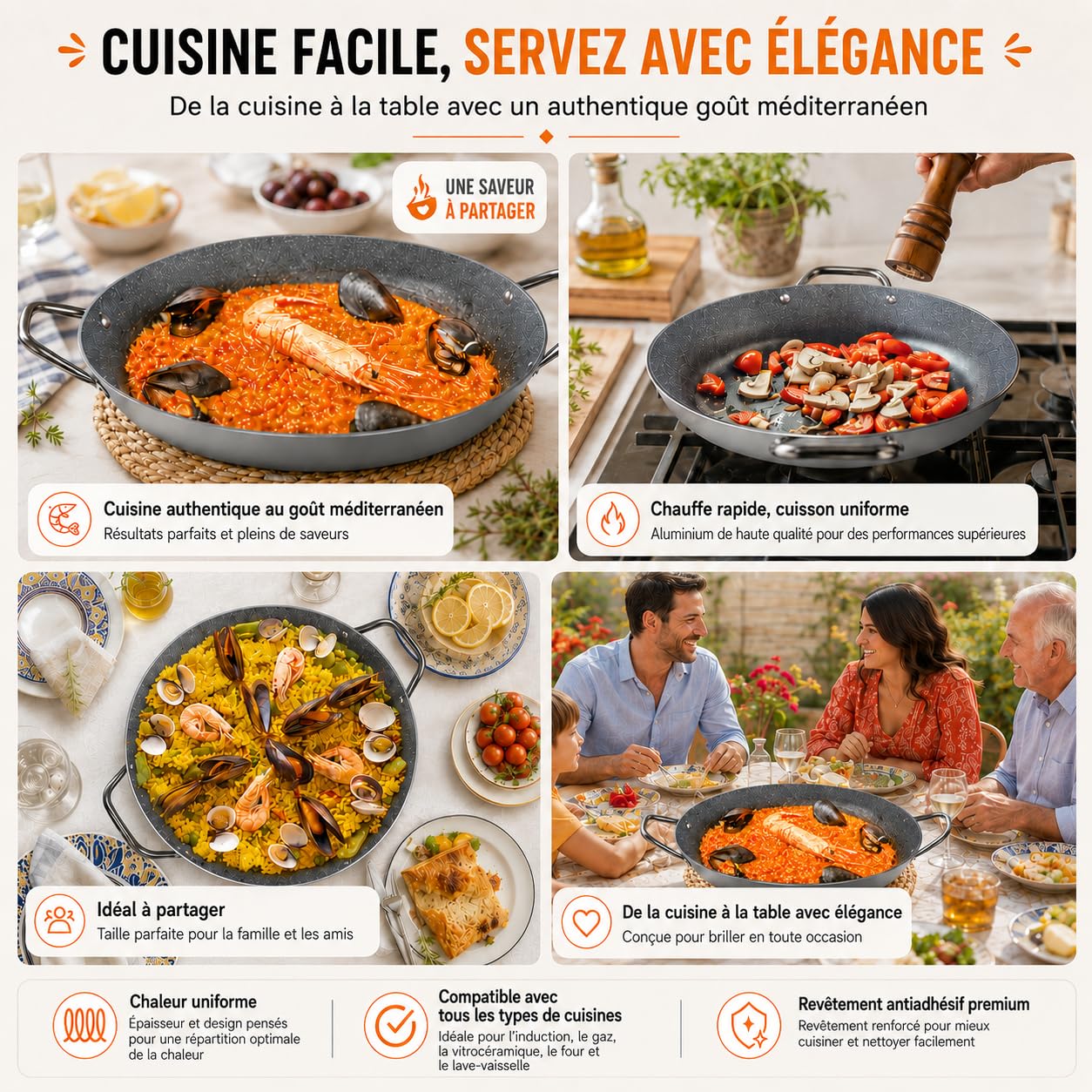 TEHORNEO Poêle Paella, Plat à Paella 30 cm Aluminium Antiadhésif 3-4 Portions, Compatible avec Plaques à Induction, Vitrocéramiques, Gaz