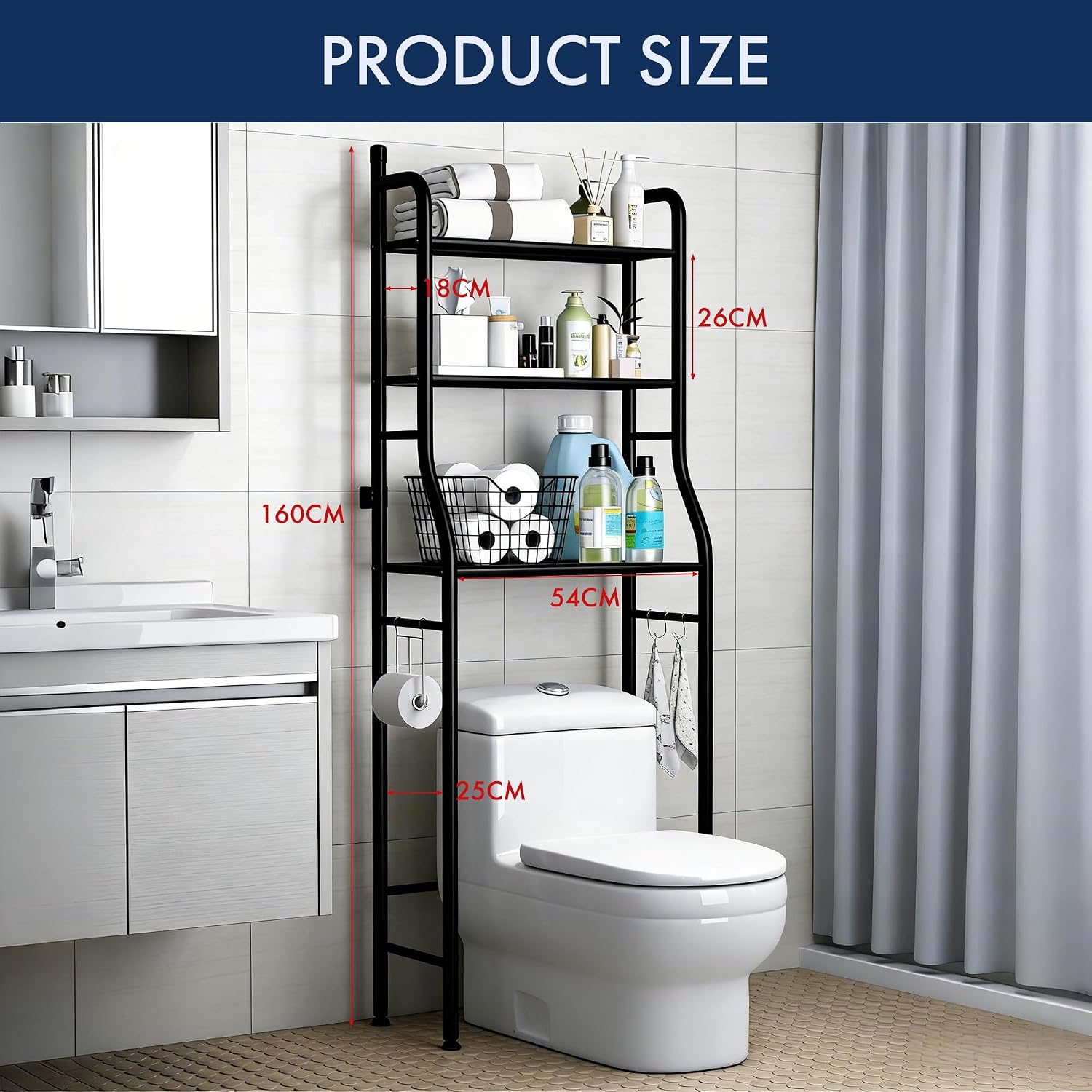 3-Tier Over the Toilet Storage Shelf with Adjustable Foot Pads, Anti-Tilt Metal Bathroom Organizer with Paper Holder & 4 Hooks, No Drill Space Saving Toilet Rack, Black