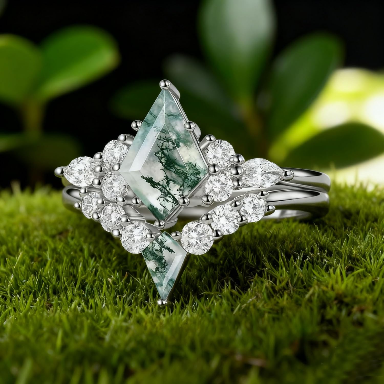 Natural Moss Agate Engagement Ring for Women 925 Sterling Silver Bridal Ring Set Kite Cut Moss Agate Wedding Ring Set Promise Rings Set for Her - Image 3