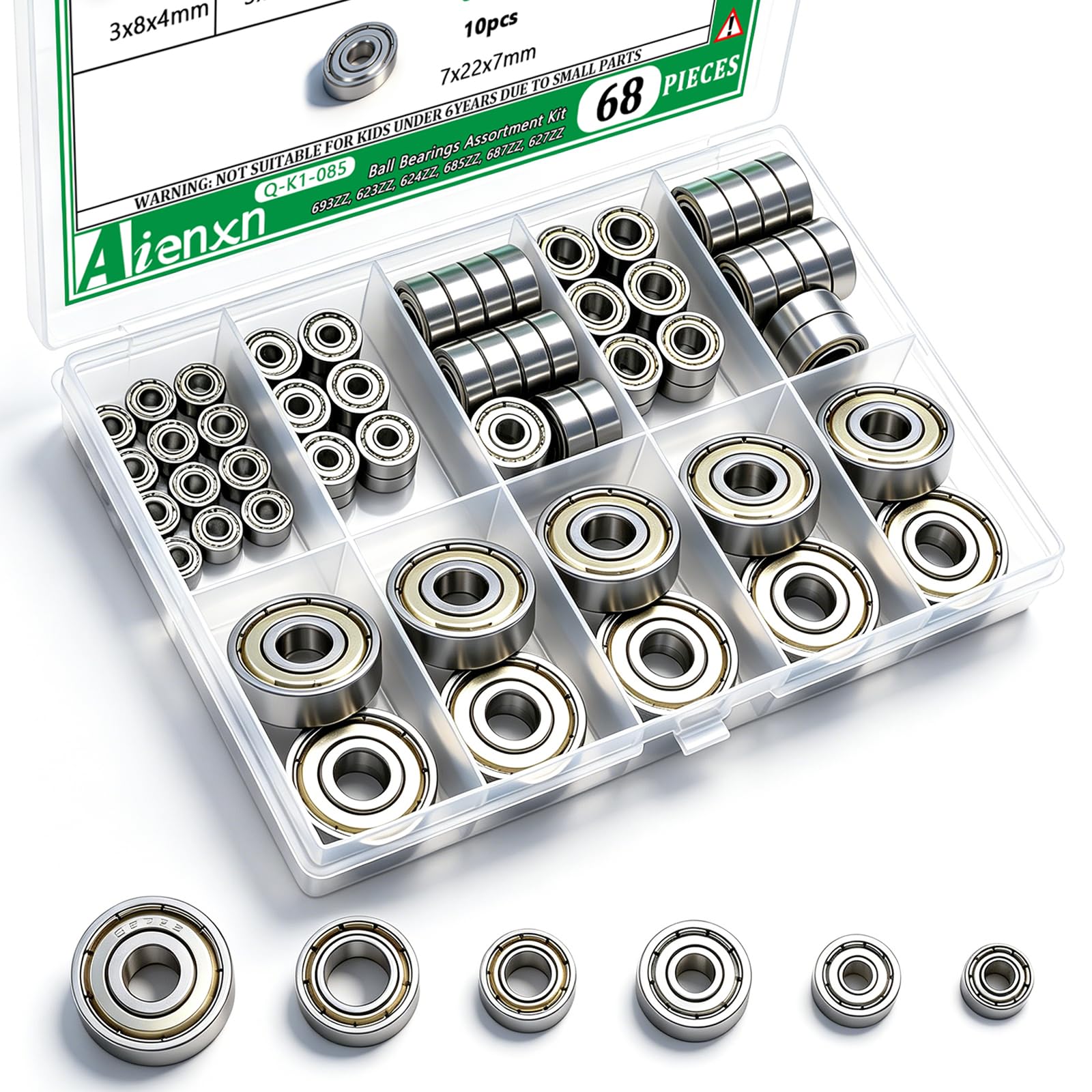 Amazon.com: Aienxn 68PCS Ball Bearing Kit, 6 Sizes- 693ZZ,623ZZ