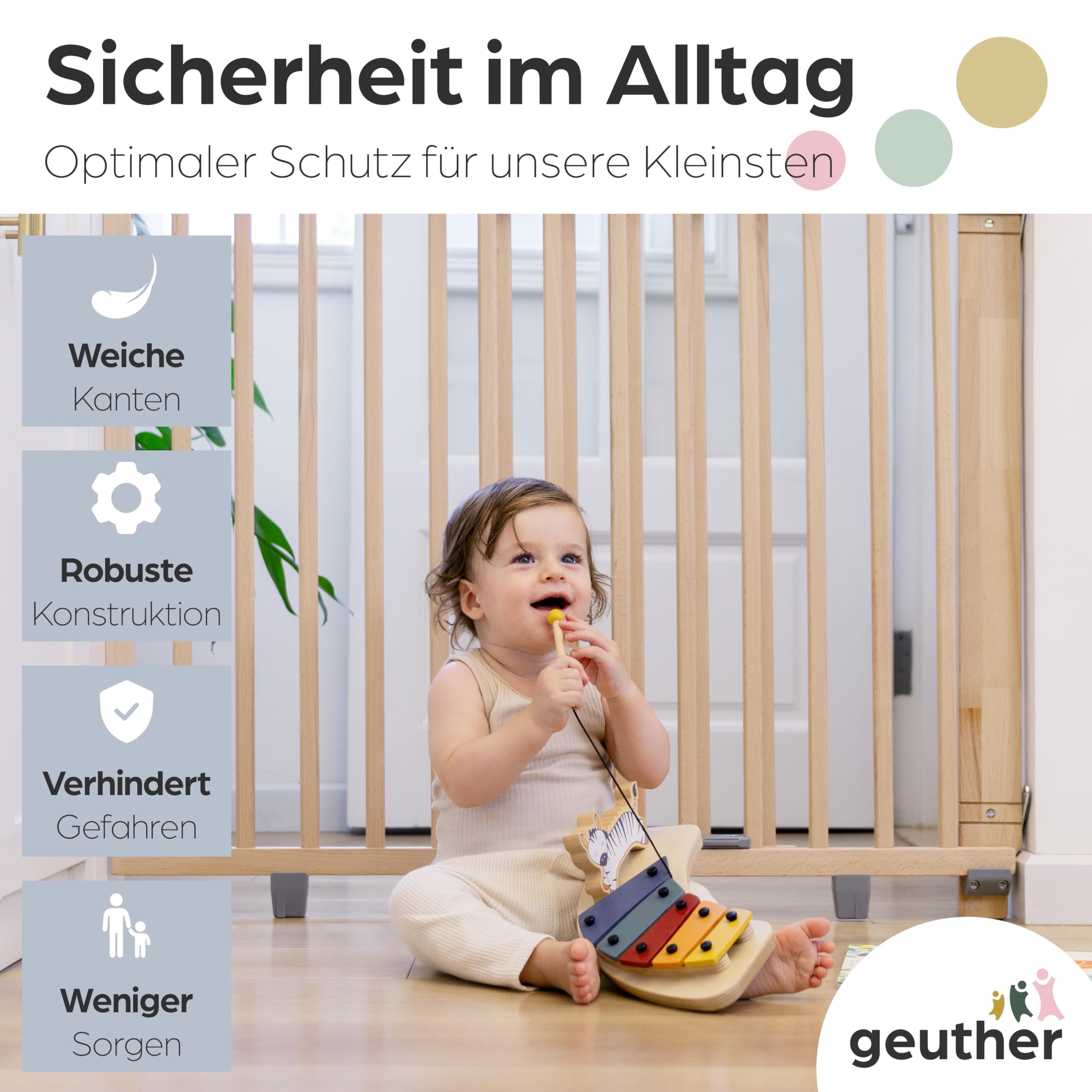 Geuther Türschutzgitter Oris | Treppenschutzgitter zum Anschrauben, Breite 58-93 cm | Stabiles Babygitter & Türgitter mit Schwenktür, sicherheitsgeprüft | Kindergitter Holz, Natur lackiert