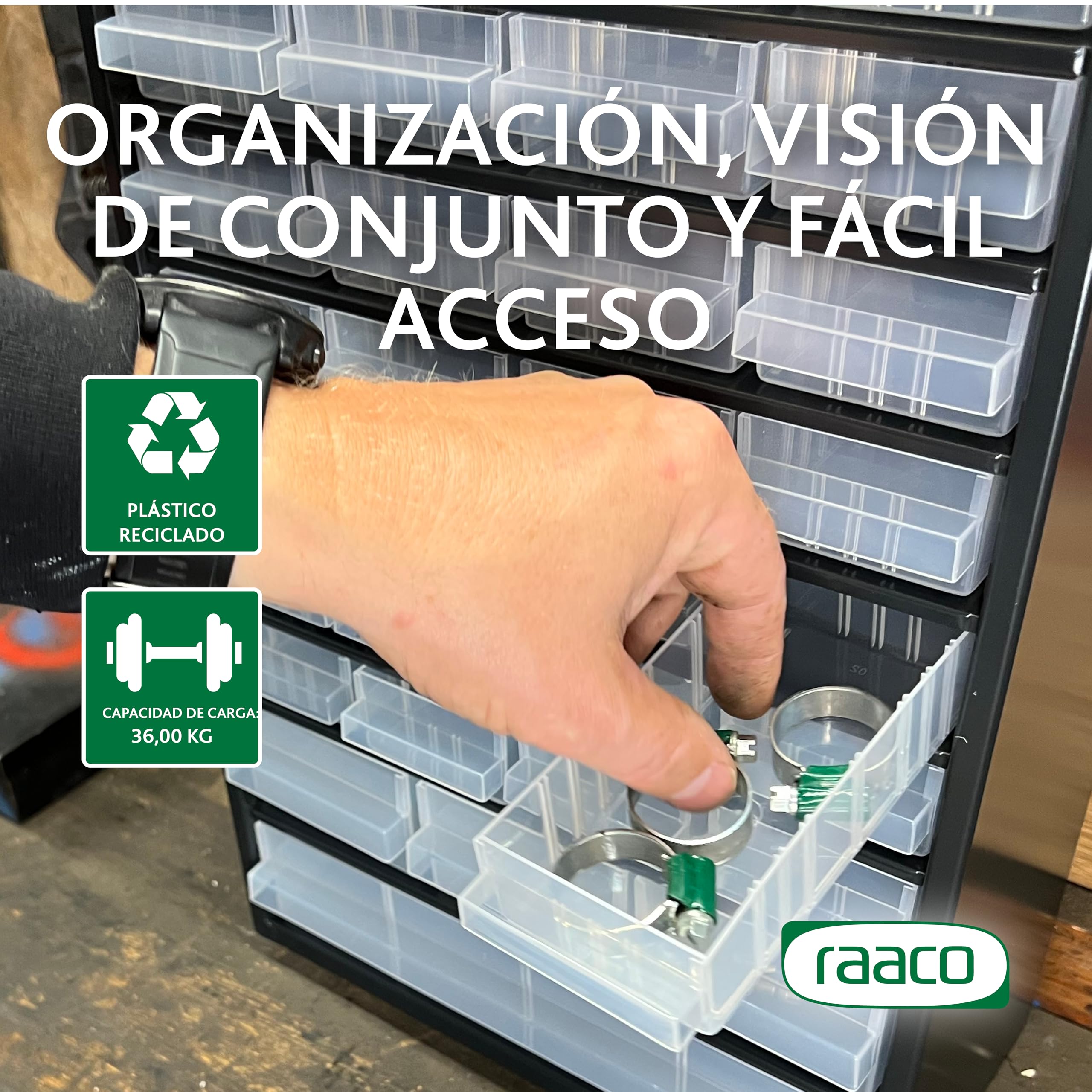 Raaco C12-40, Organizador de Tornillos con 40 Cajones, Capacidad 36 kg, 15 x 30,6 x 55,2 cm, Acero Recubierto, Apto para Montaje en Pared, Clasificador de Tornillos y Pequeñas Piezas para Taller