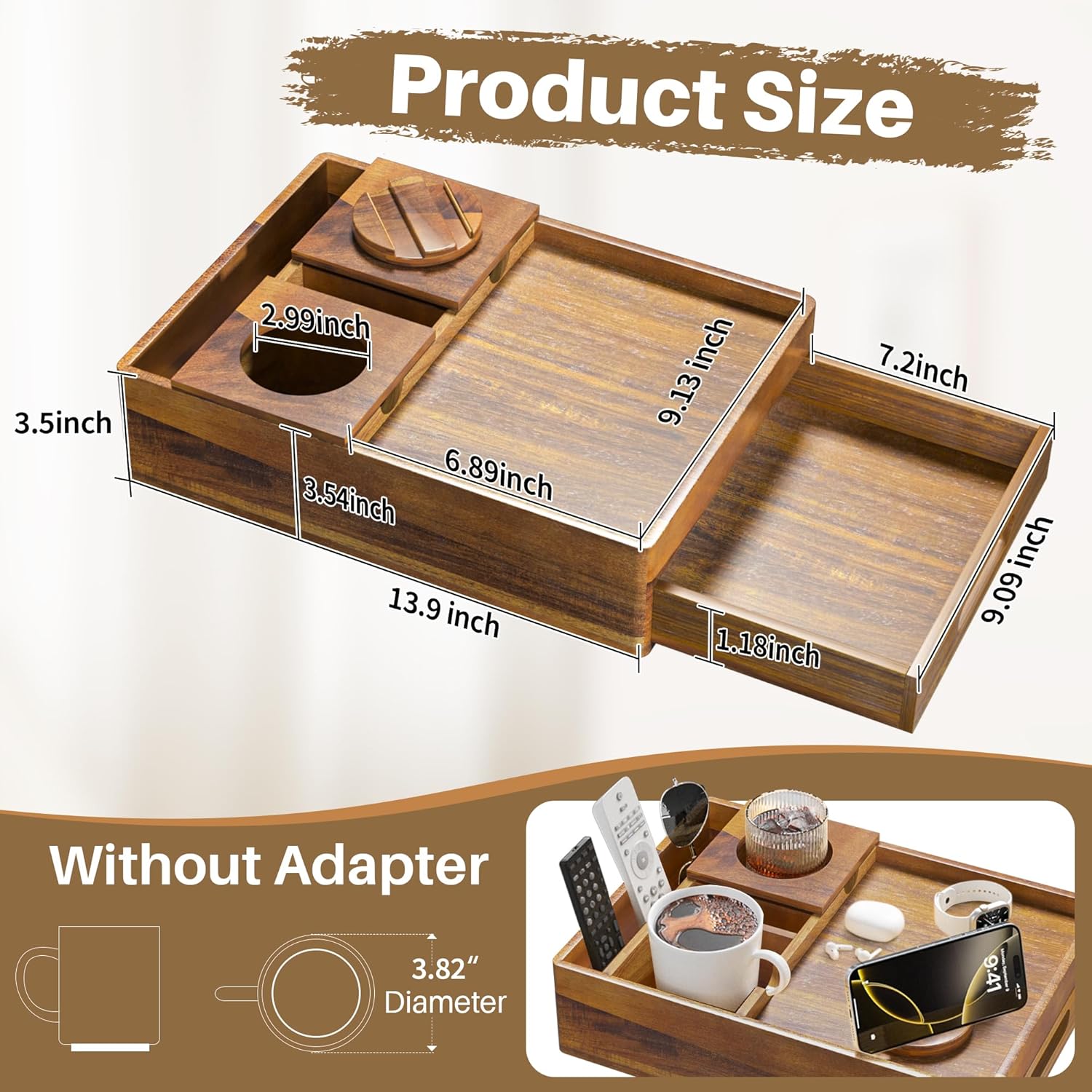 Acacia Wood Couch Cup Holder, 7-in-1 Couch Caddy Tray, Sofa Side Table with Push-Pull Drawer to Organize and Store Small Objects, 360°Swivel Phone Holder, for Drinks, Cups, Snacks, Remote