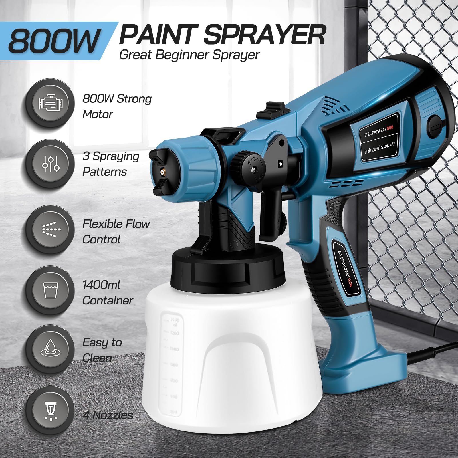 Army Painter Couleeur Pistola De Pintura,800W HVLP Pulverizador De Pintura Eléctrico Con Recipiente De 1400ml, Flujo Máximo De 1000ml/min,4 Boquillas Para La Pulverización Y Limpieza Del Bricolaje Pistola A Spruzzo Elettrica HVLP