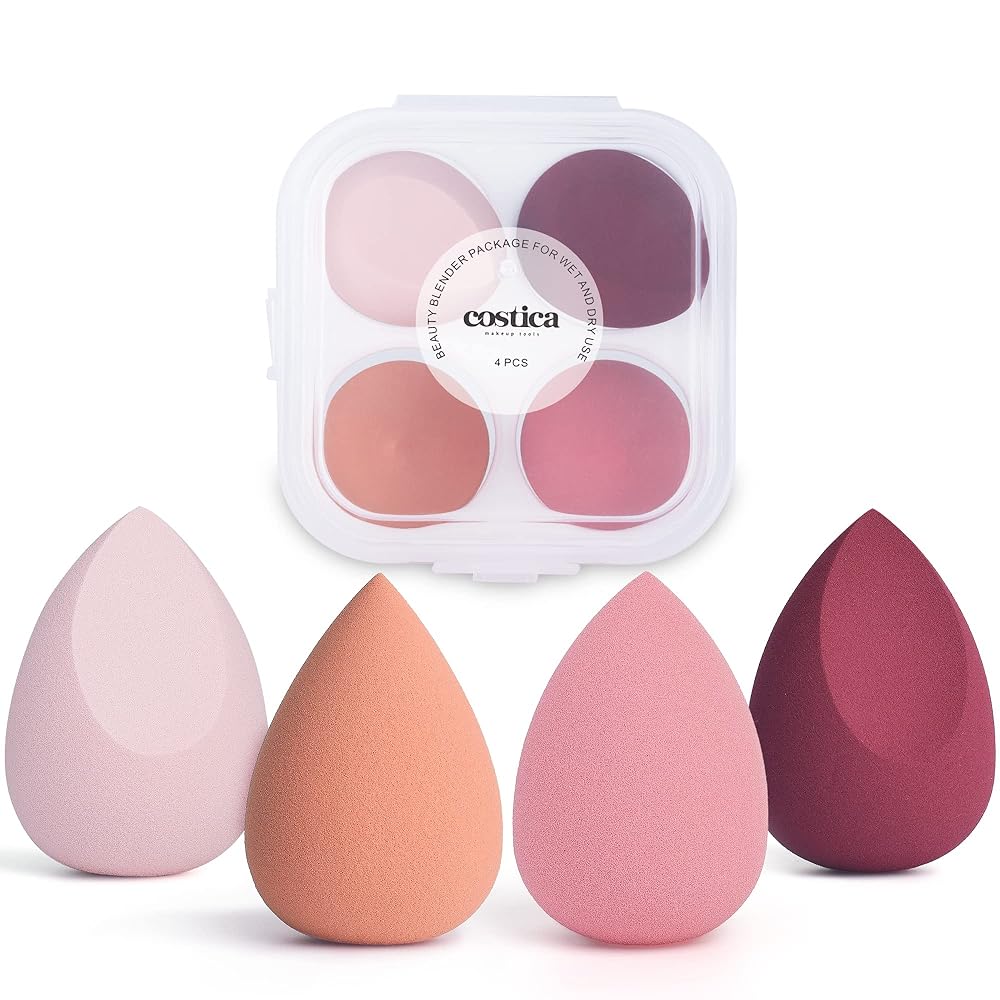 COSTICA Makeup Sponge, 4 Pcs Beauty Blender for Foundation Blending Sponge, Pink Makeup Blender with Storage Box, Flawless for Liquid Cream and Powder
