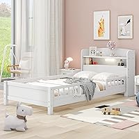 Vista 129 de Modern Full Size Platform Bed Storage Headboard and Safety Guardrail for Kids, Function Wood Platform Bed Frame with Built-in LED Light for Boy