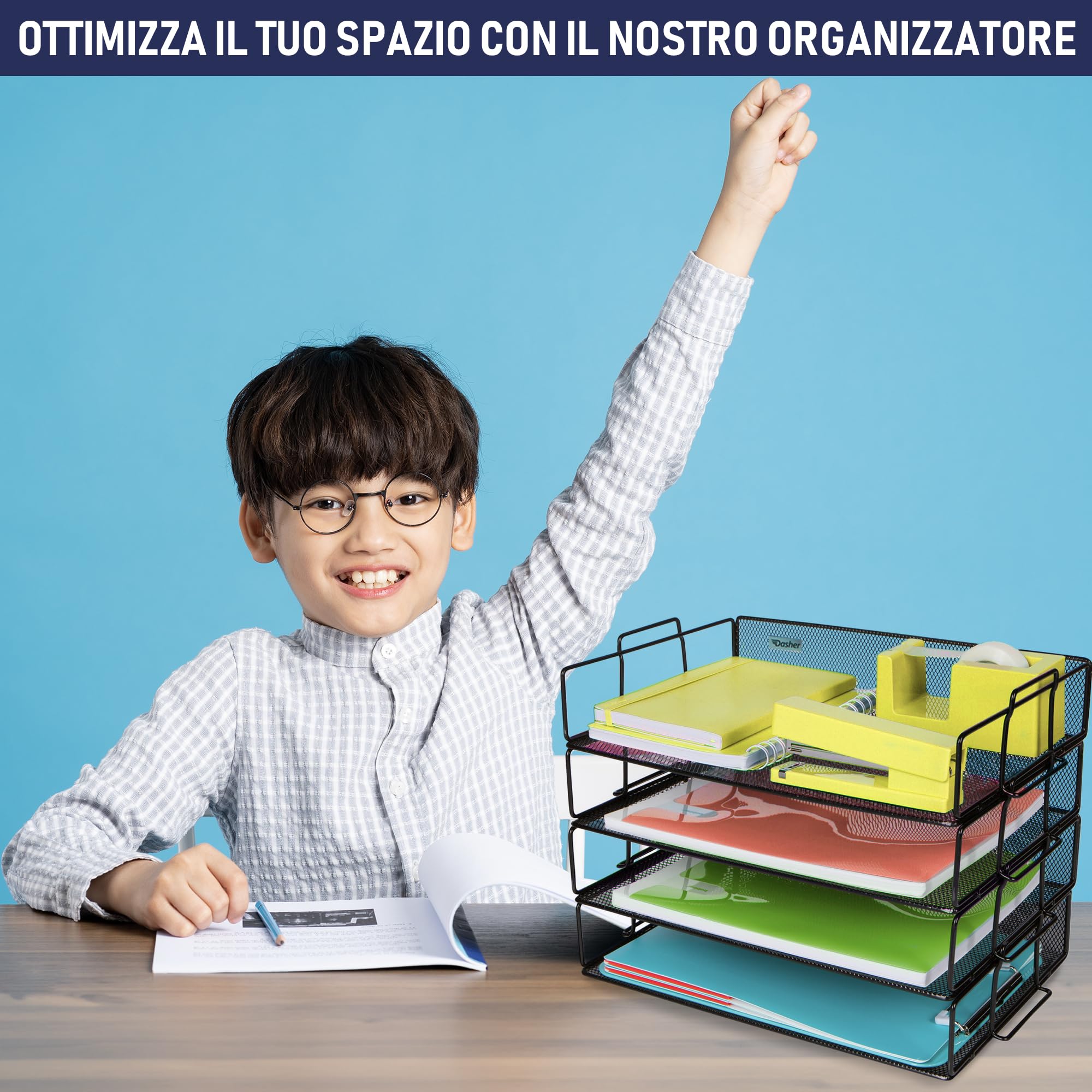 Dasher Products Organizer da scrivania impilabile a 4 ripiani in rete metallica per organizzare documenti, cartelle, lettere, carta, raccoglitori