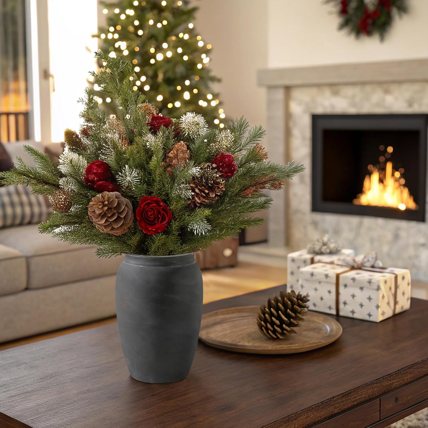 Terracotta Rustic Vase, Farmhouse Decorative Vase Boho Decor, Ceramic Christmas Vases for Home Decor, Table, Living Room, Shelf Decoration, 8.2 Inch - Image 9