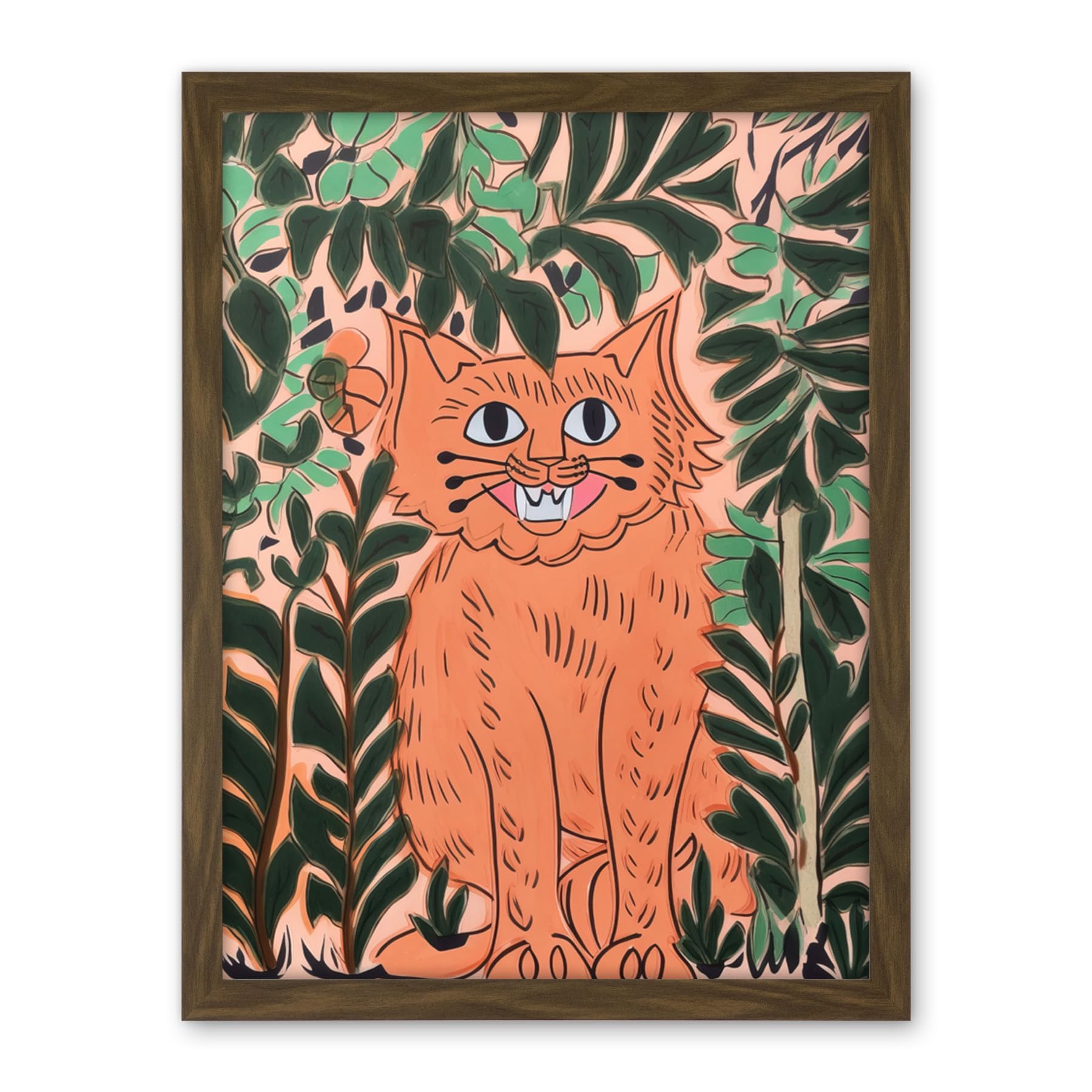 Artery8 Ginger Orange Tabby Cat in Plants Modern Folk Art Artwork Framed Wall Art Print 18X24 Inch
