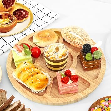 Charcuterie Board with Clear Lid, Bamboo Round Travel Picnic Portable Cheese Board Charcuterie Boxes with 7 Compartments, Meat Fruit Serving Tray Platter for Gifts New Home(Wood)