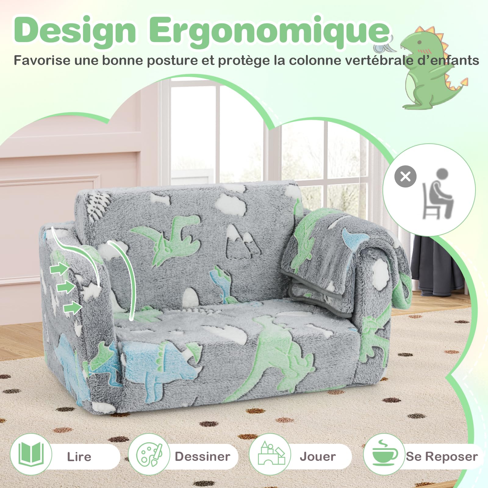DREAMADE Canapé Enfants Brille dans Le Noir,2 en 1 Canapé Convertible Tout-Petits avec Couverture,Housse Amovible&Lavable en Machine,Fauteuil Pliable pour Garçons Filles 3+Ans (Gris+Dinosaure)