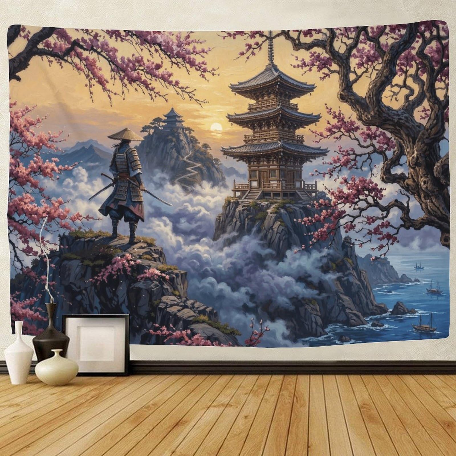 GPMNBCXZK Japanese Samurai 3D Wall Art Cherry Blossom Bedroom Living Room Home Decor Hanging 130cmx150cm