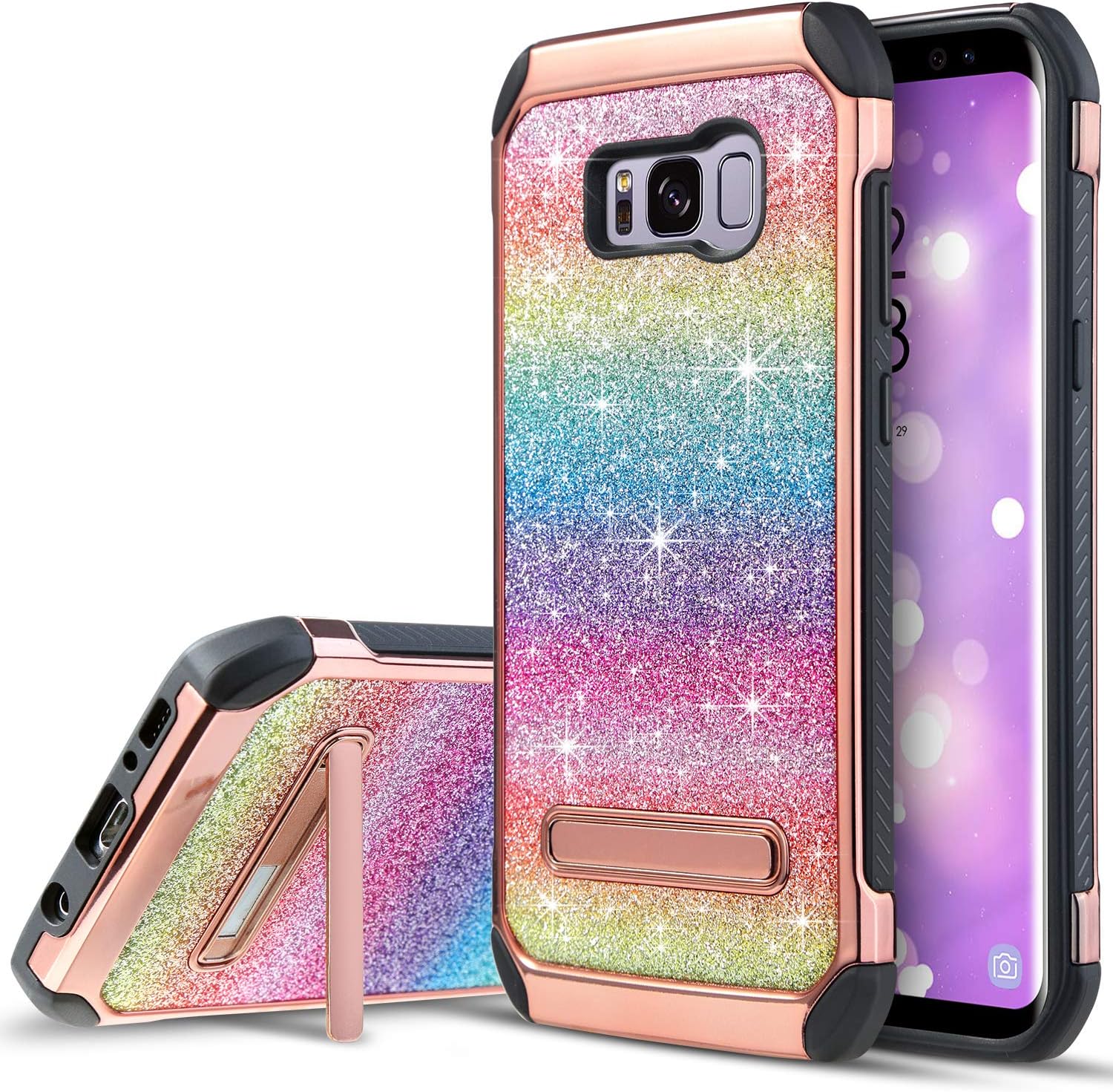 UARMOR Galaxy S8 Case, Samsung S8 Case, Luxury Glitter Bling Rugged Shockproof Kickstand Sparkly Shiny PU Leather Hybrid Hard PC Cover Protective Phone Case for Samsung Galaxy S8 5.8 Inch, Rainbow