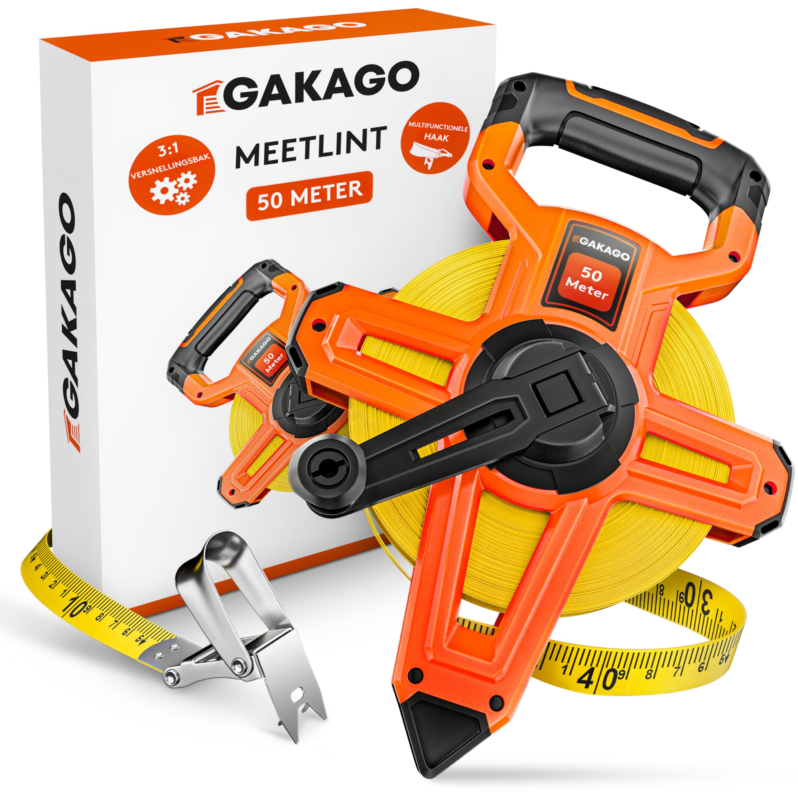 Gakago rolbandmaat 50m - 3-voudig rolbandmaat met vouwhendel - Ergonomisch & antislip handvat - Rolbandmaat met meetpuntmarkering en flexibele meethaak