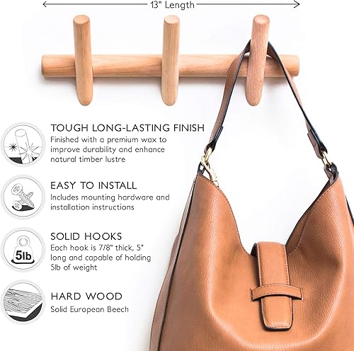 Miniatura 3 de Eden & Co Moderno perchero y sombrero montado en la pared, 3 ganchos, hermoso colgador de madera con clavijas, estantes de madera para dormitorio y