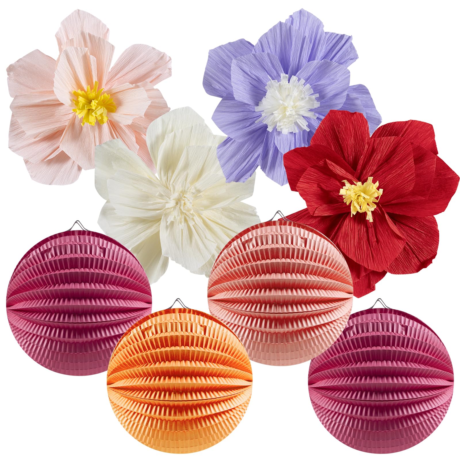 NAESM 8 Pcs Simulated Paper Flower Colorful Party Decoration, Three-Dimensional Pleated Flower Tissue Wall Home Decoration with 4 Watermelon lantern for Wedding Birthday Baby Shower Party Decoration