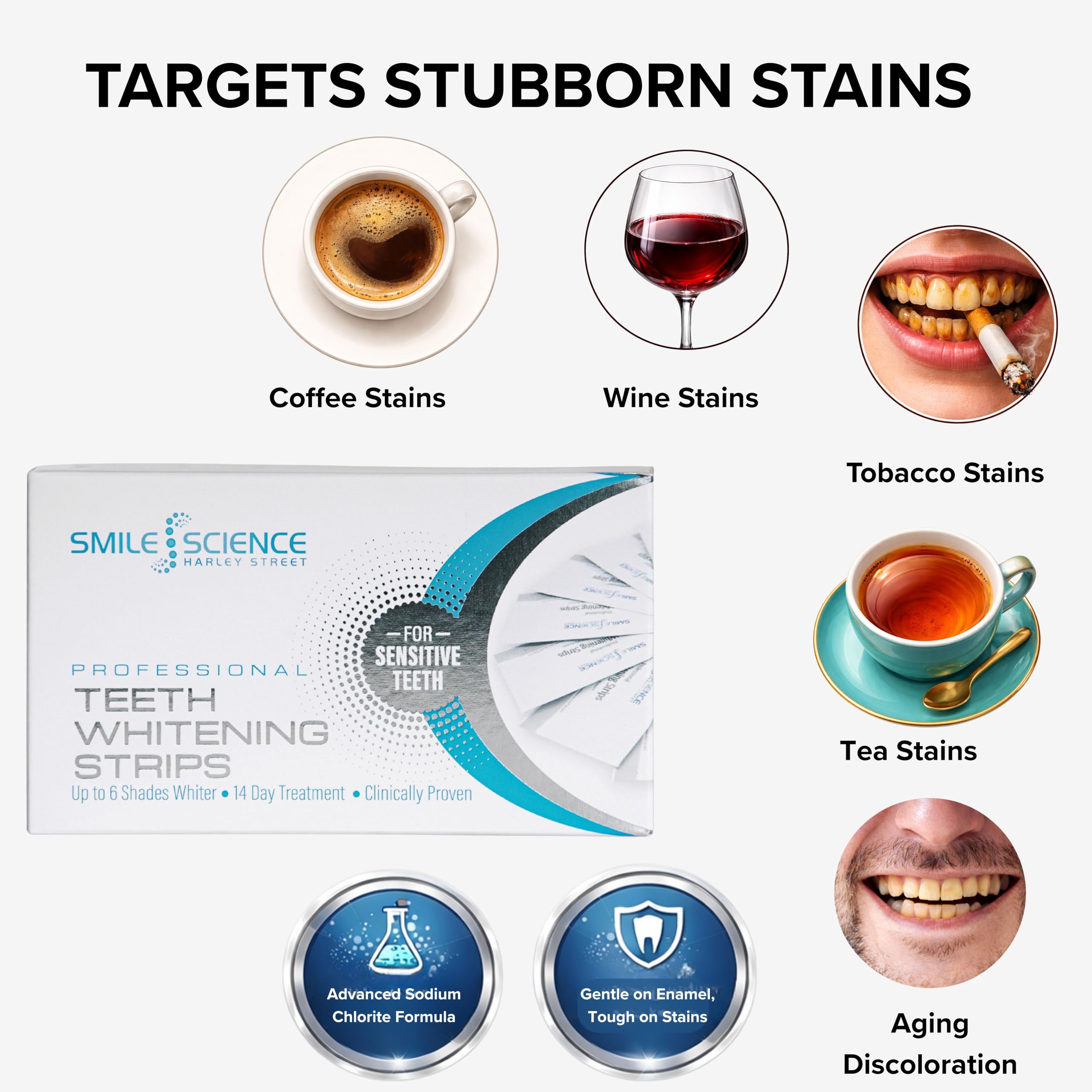 Smile Science Harley Street - Strisce sbiancanti professionali per denti - 28 strisce - Fino a 6 tonalità più bianche in 14 giorni - Sicuro per lo smalto al 100% - Vegano - Smacchiatore per denti