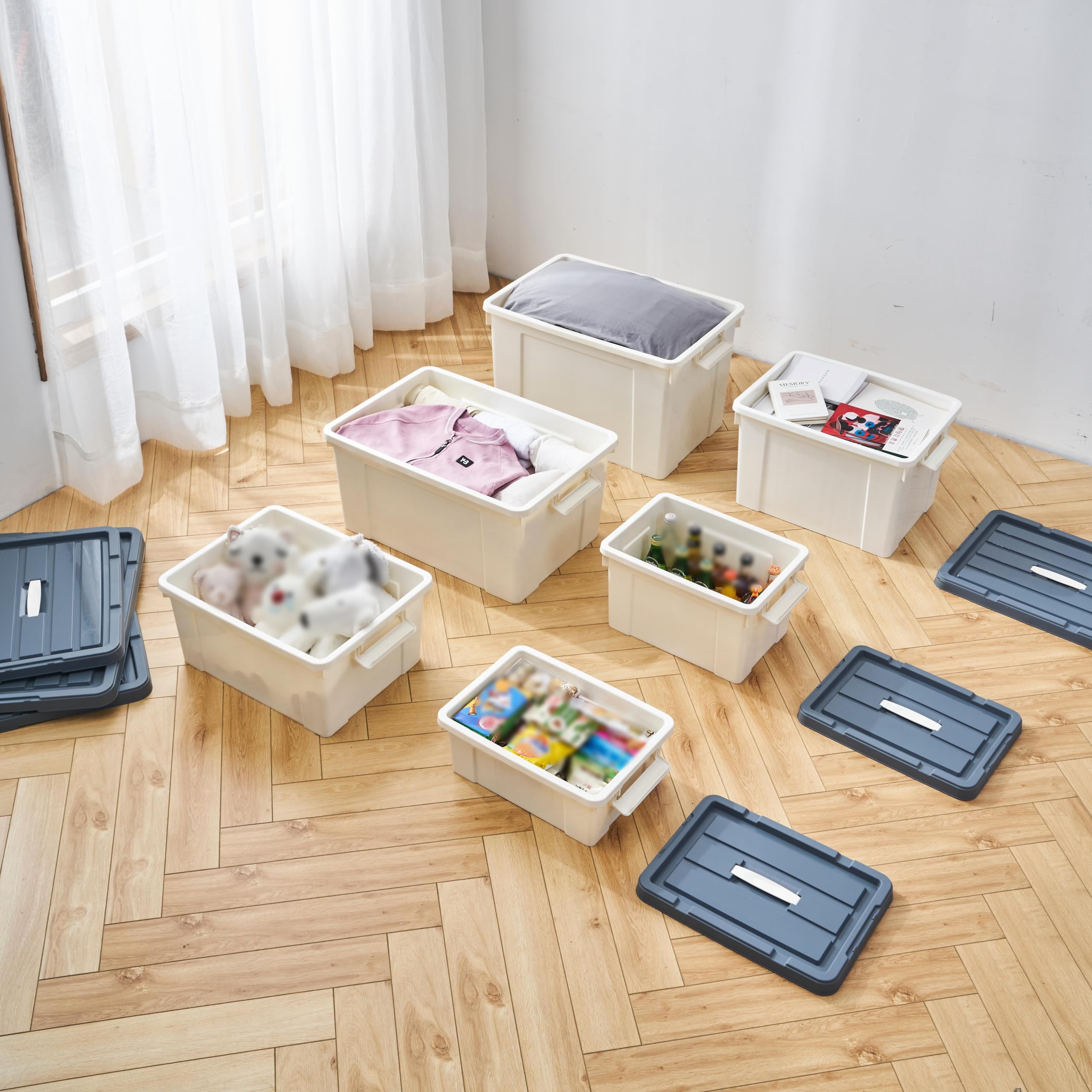 Cetomo 90 l x 4 pudełka do przechowywania, plastikowe pudełko do przechowywania z pokrywkami, pojemnik organizacyjny z uchwytem i bezpiecznymi klamrami zatrzaskowymi, można układać w stos, można