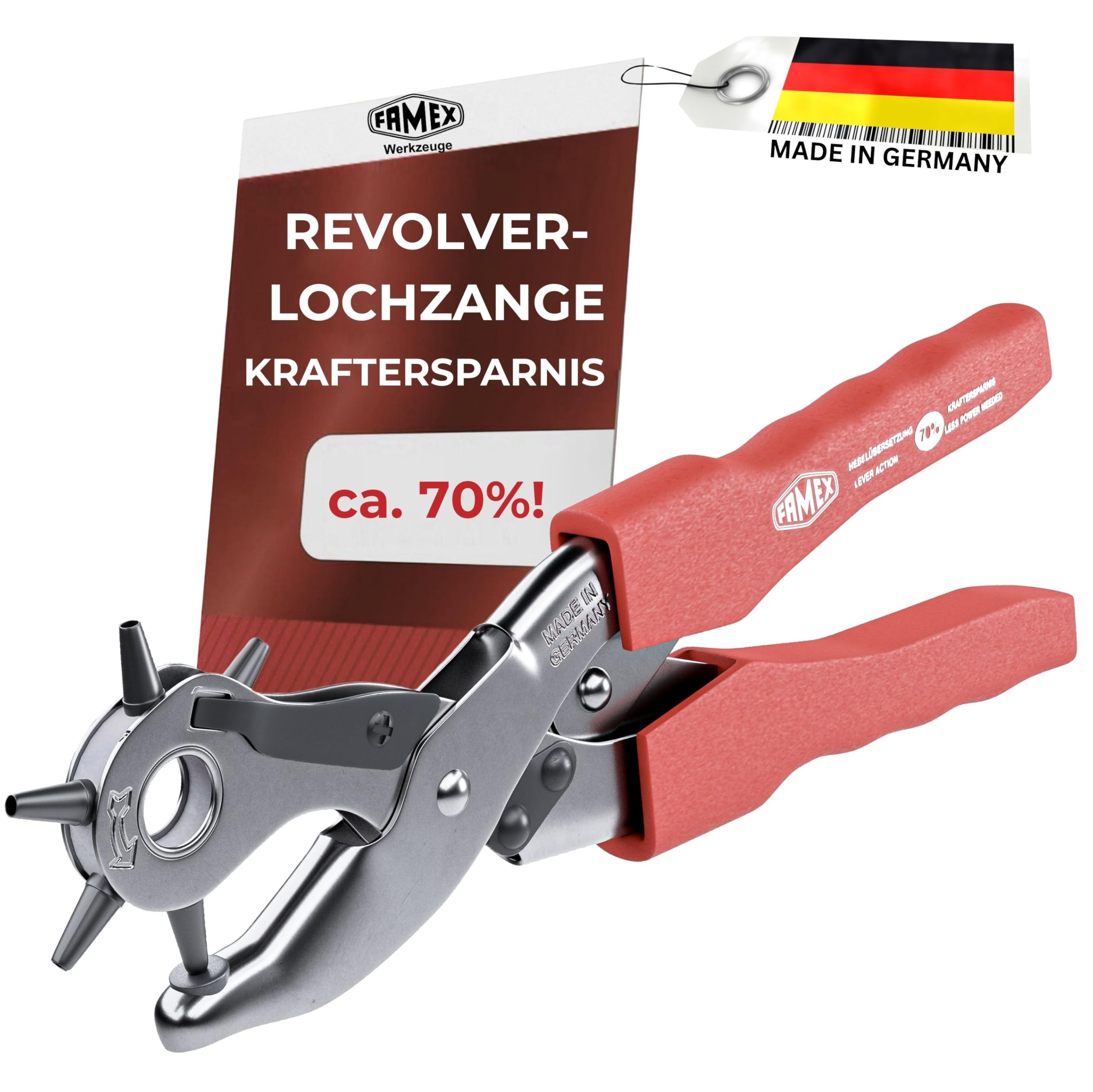 Famex 3519 - Punzonatrice a revolver con sostegno a leva, ca. 70% risparmio di forza - Pinza Fustellatrice Fori
